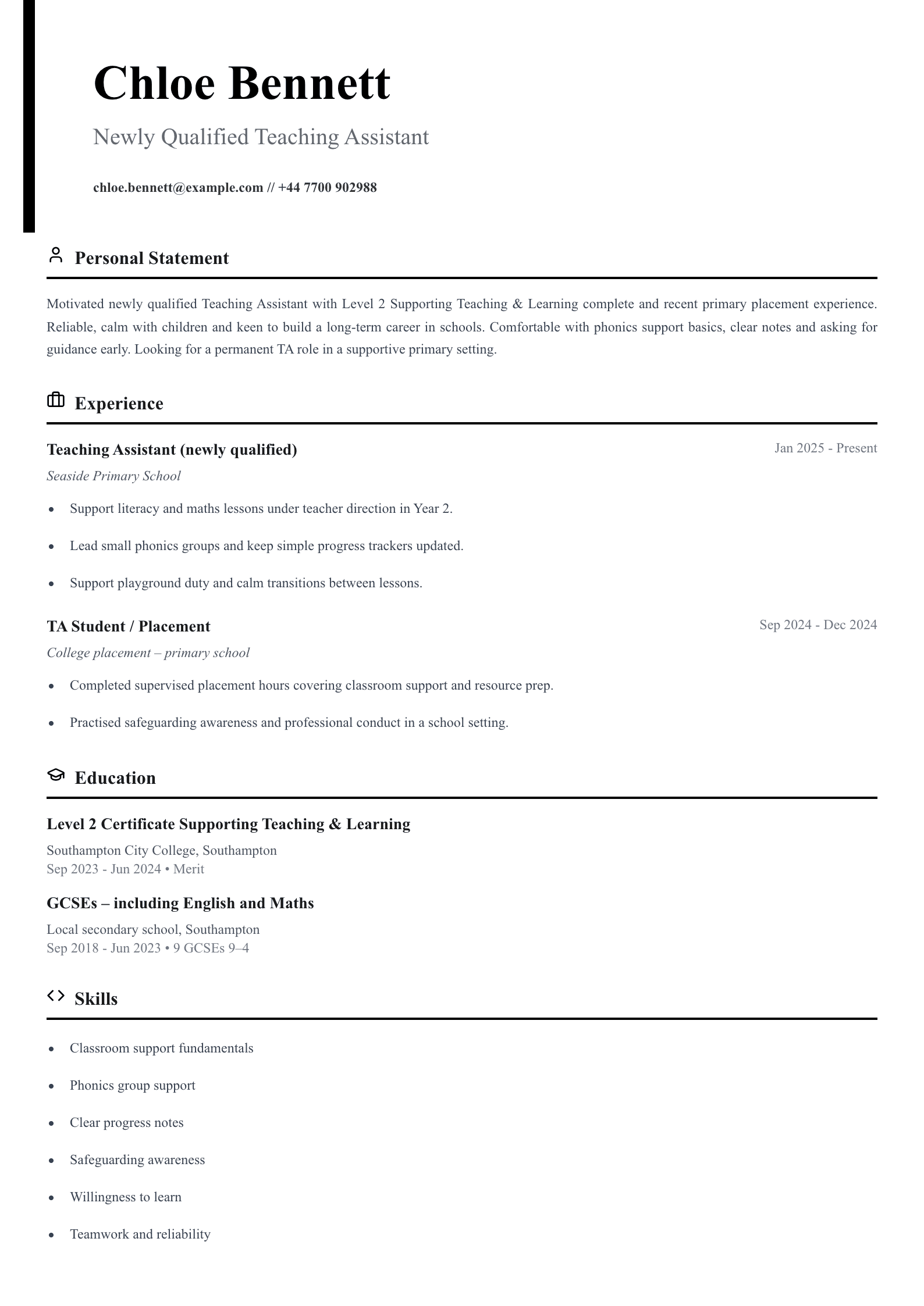 newly qualified teaching assistant cv template