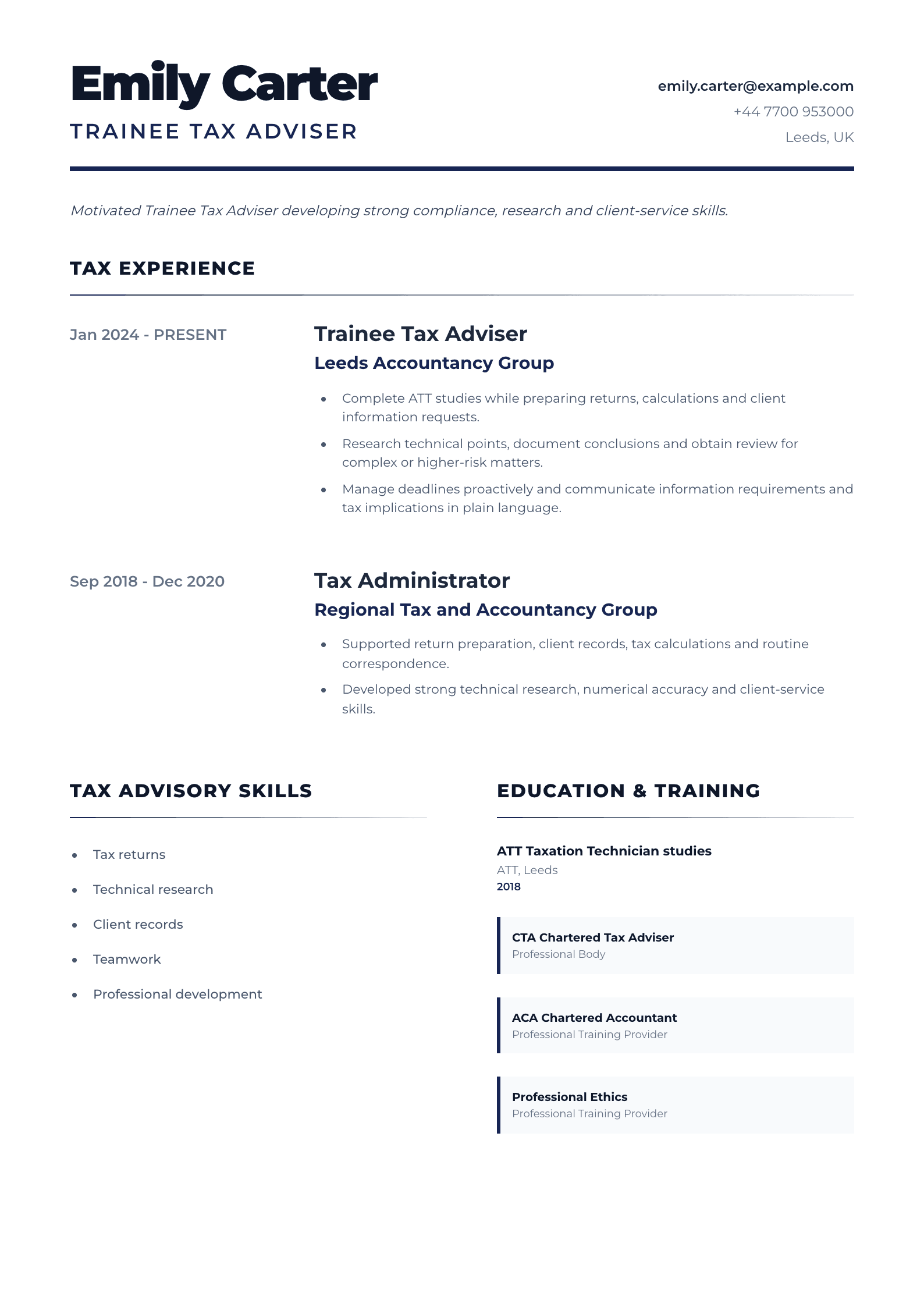 Trainee Tax Adviser CV template