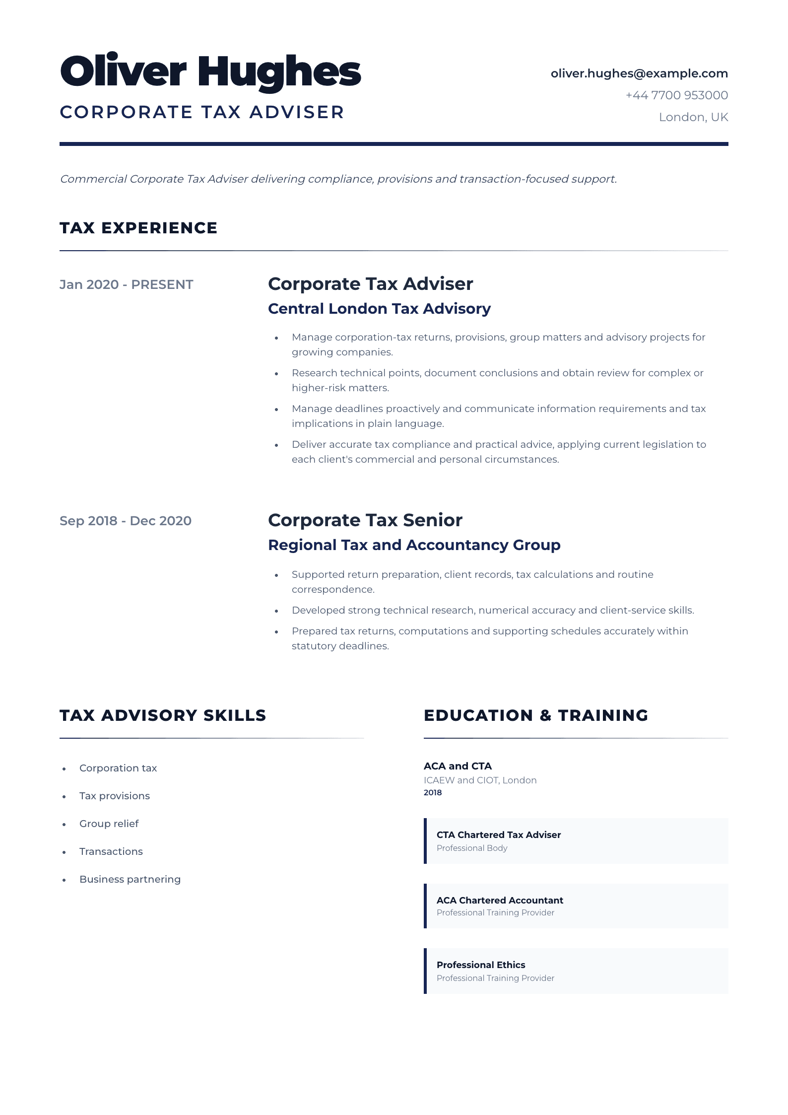 Corporate Tax Adviser CV template