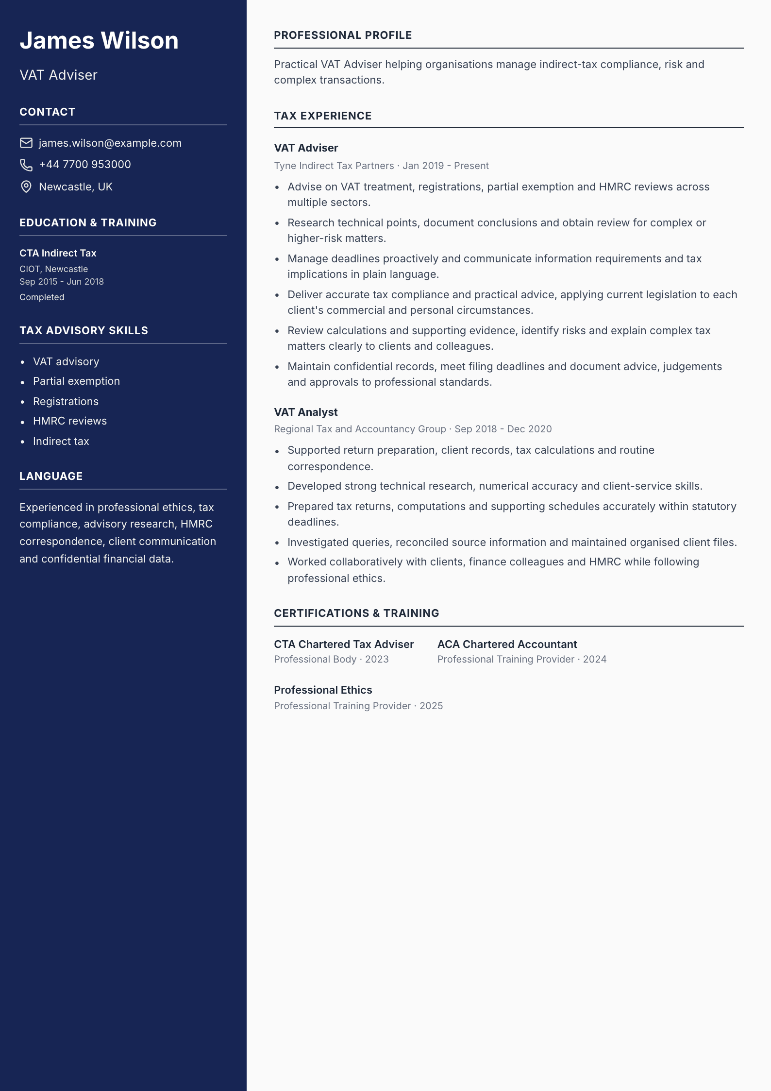 VAT Adviser CV template