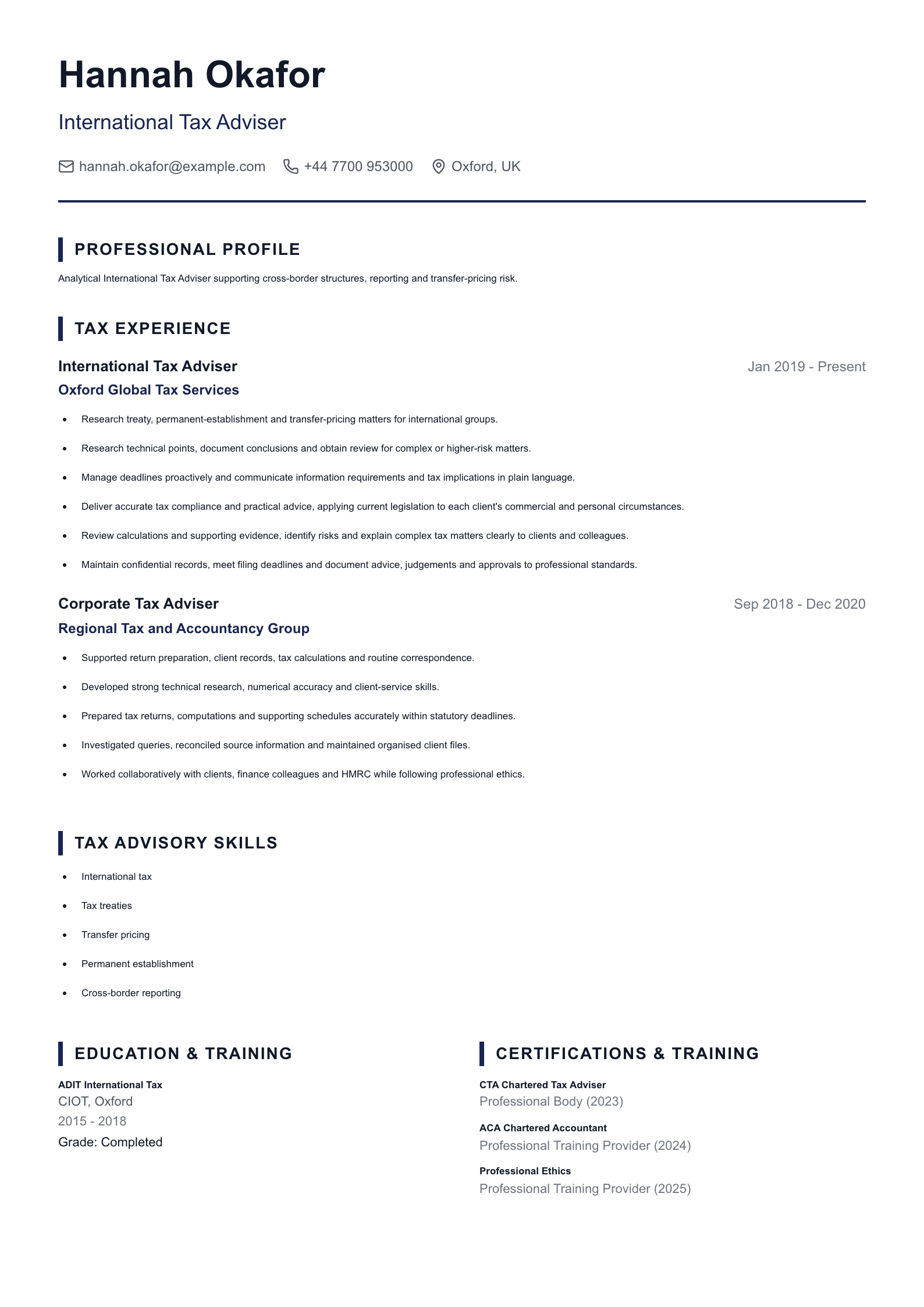 International Tax Adviser CV template