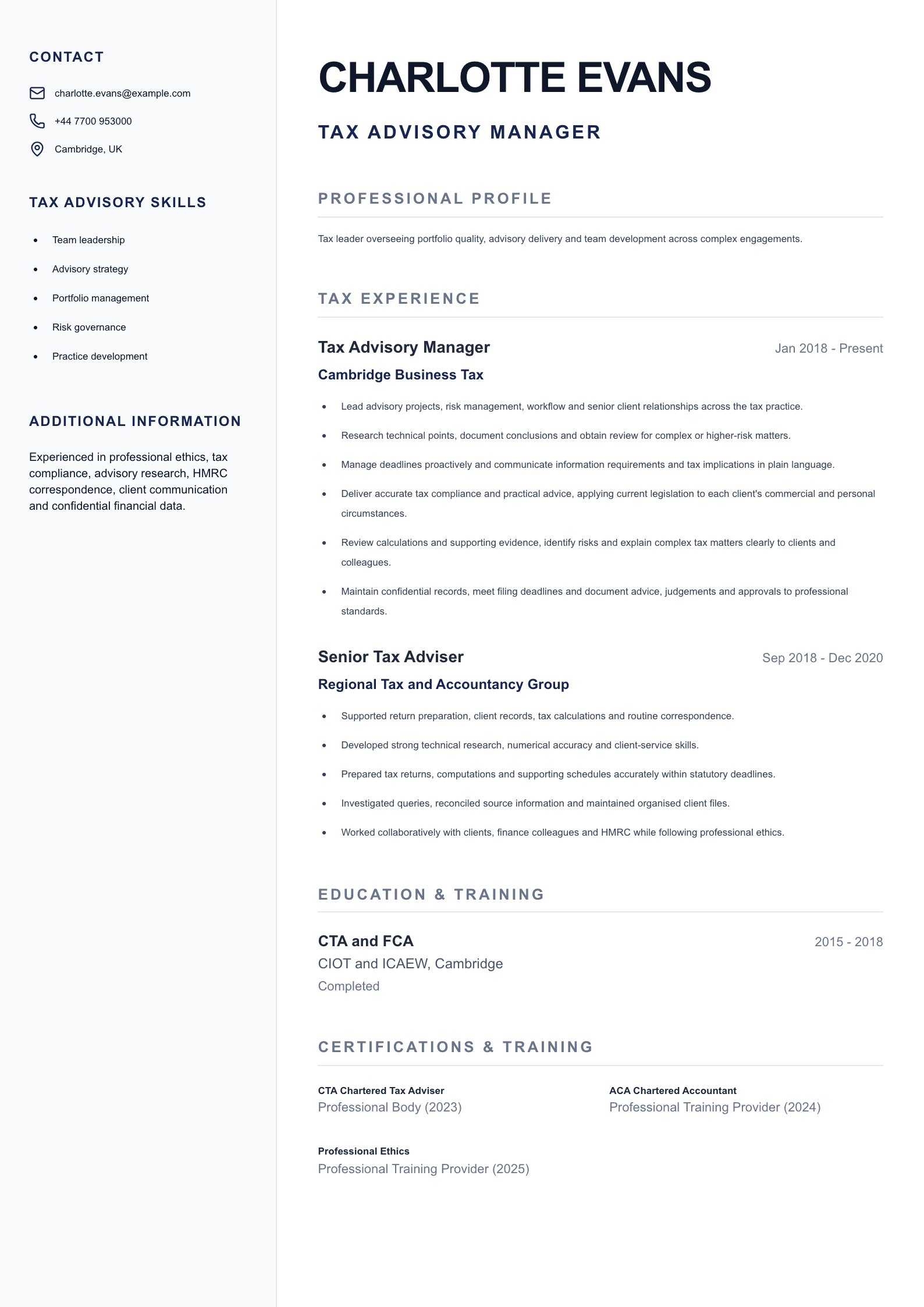 Tax Advisory Manager CV template
