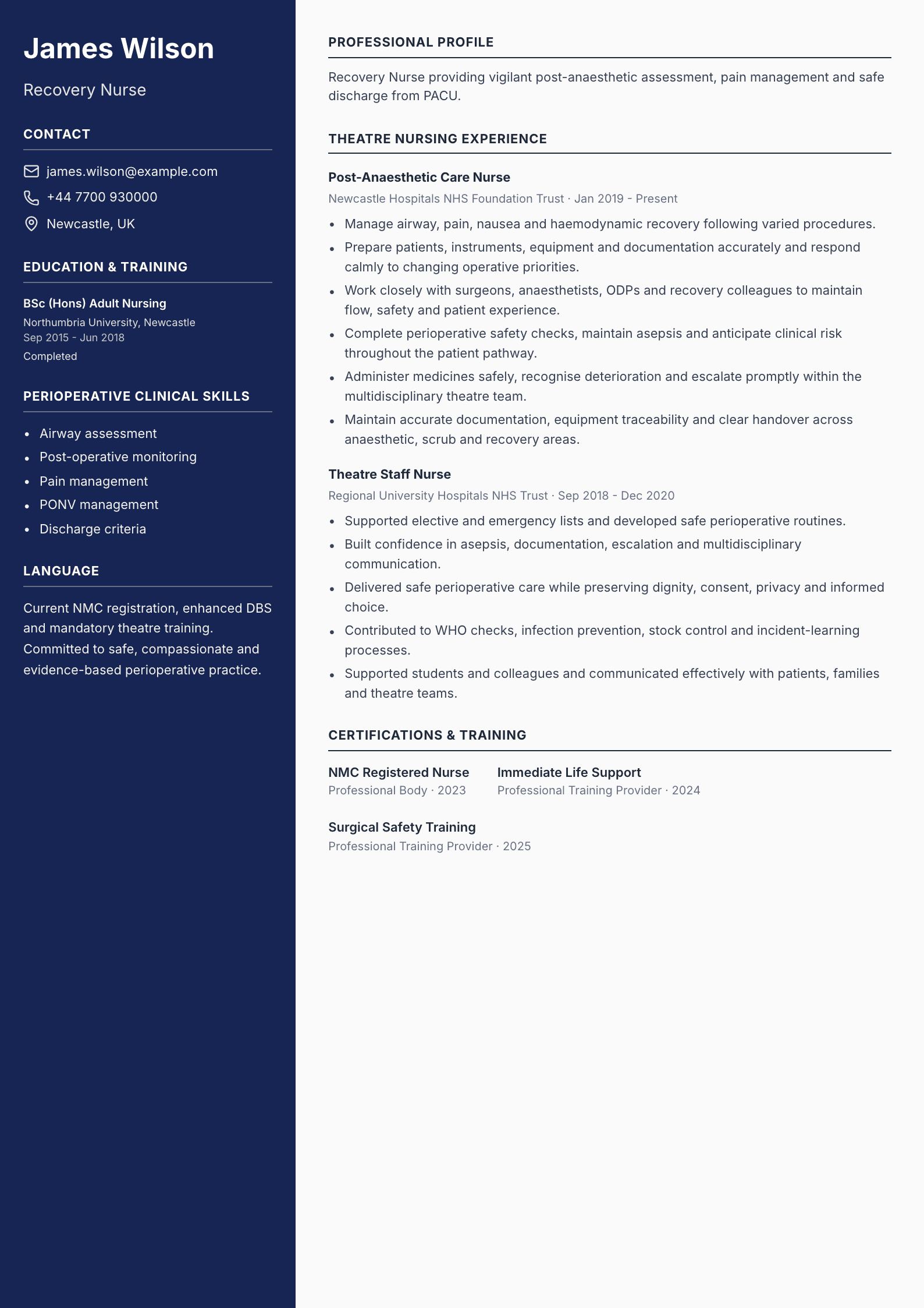 Recovery Nurse CV template