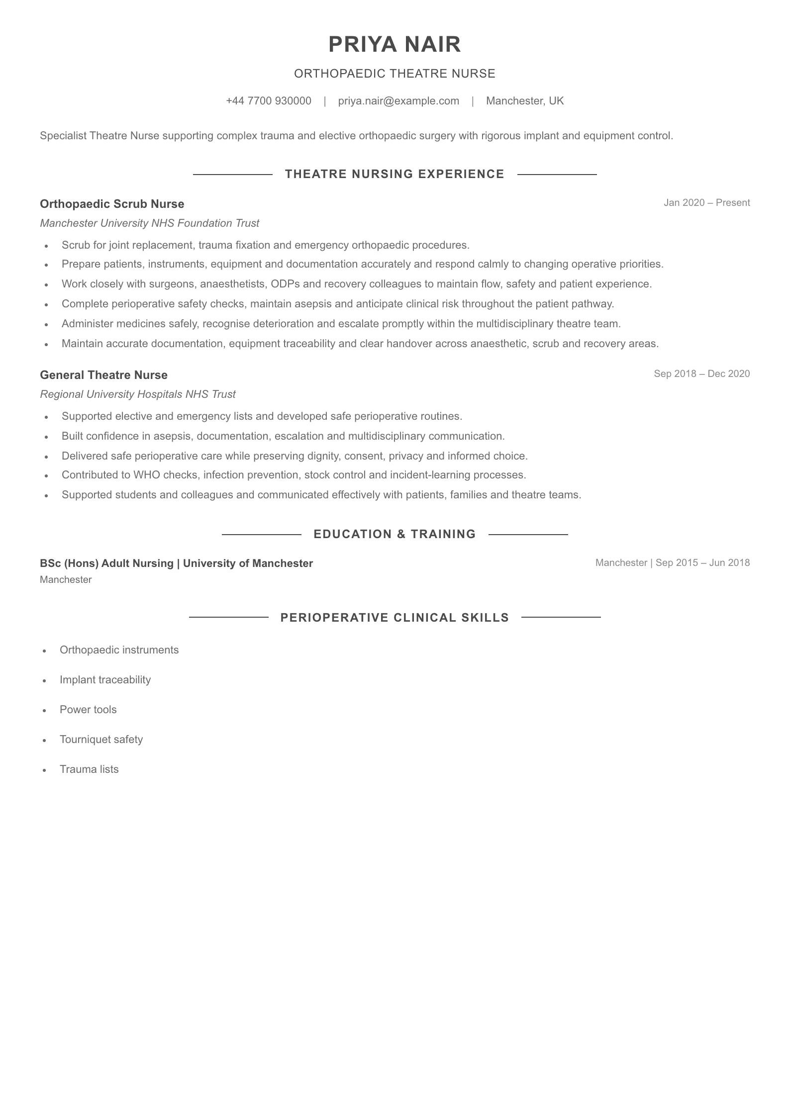 Orthopaedic Theatre Nurse CV template