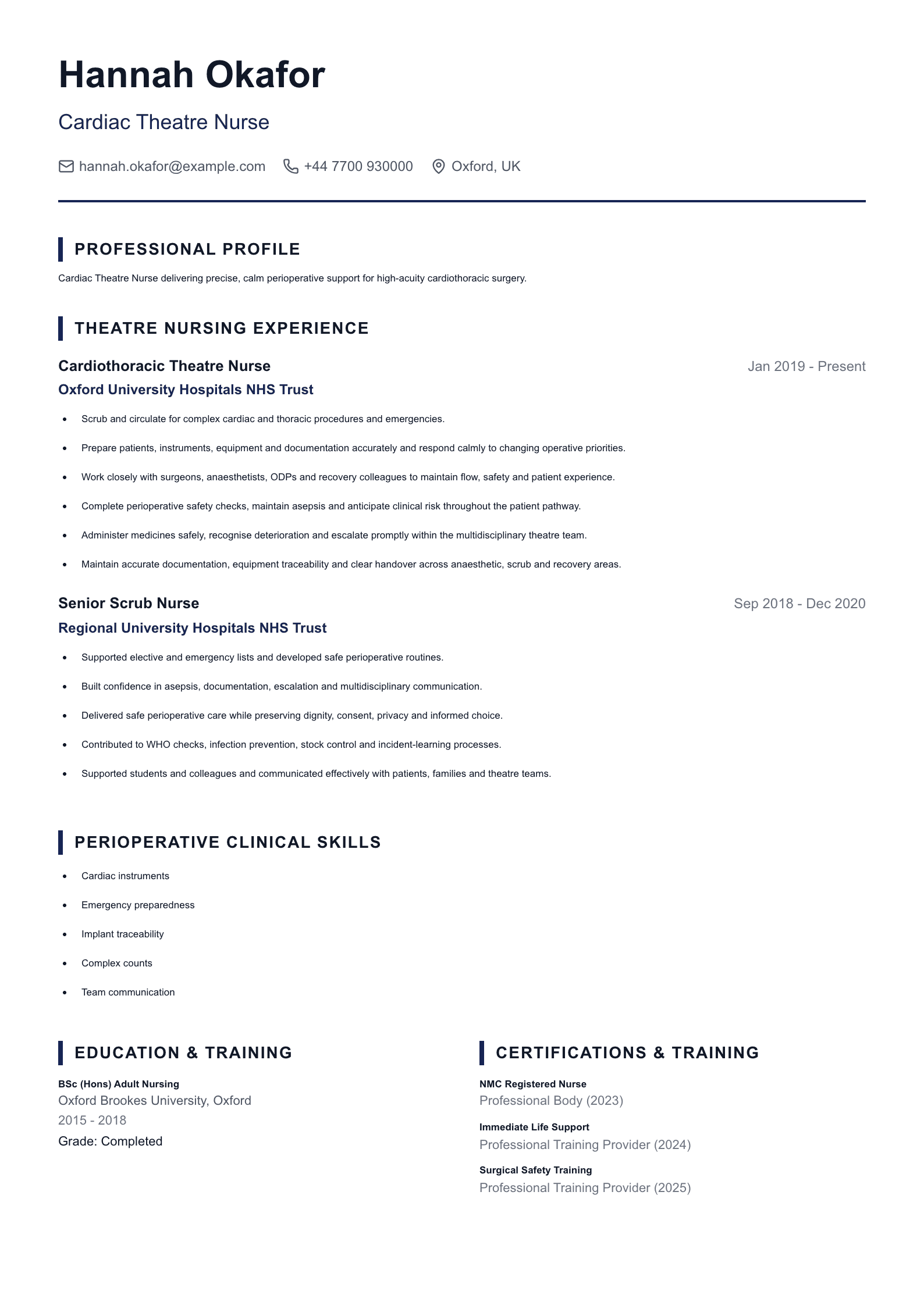 Cardiac Theatre Nurse CV template
