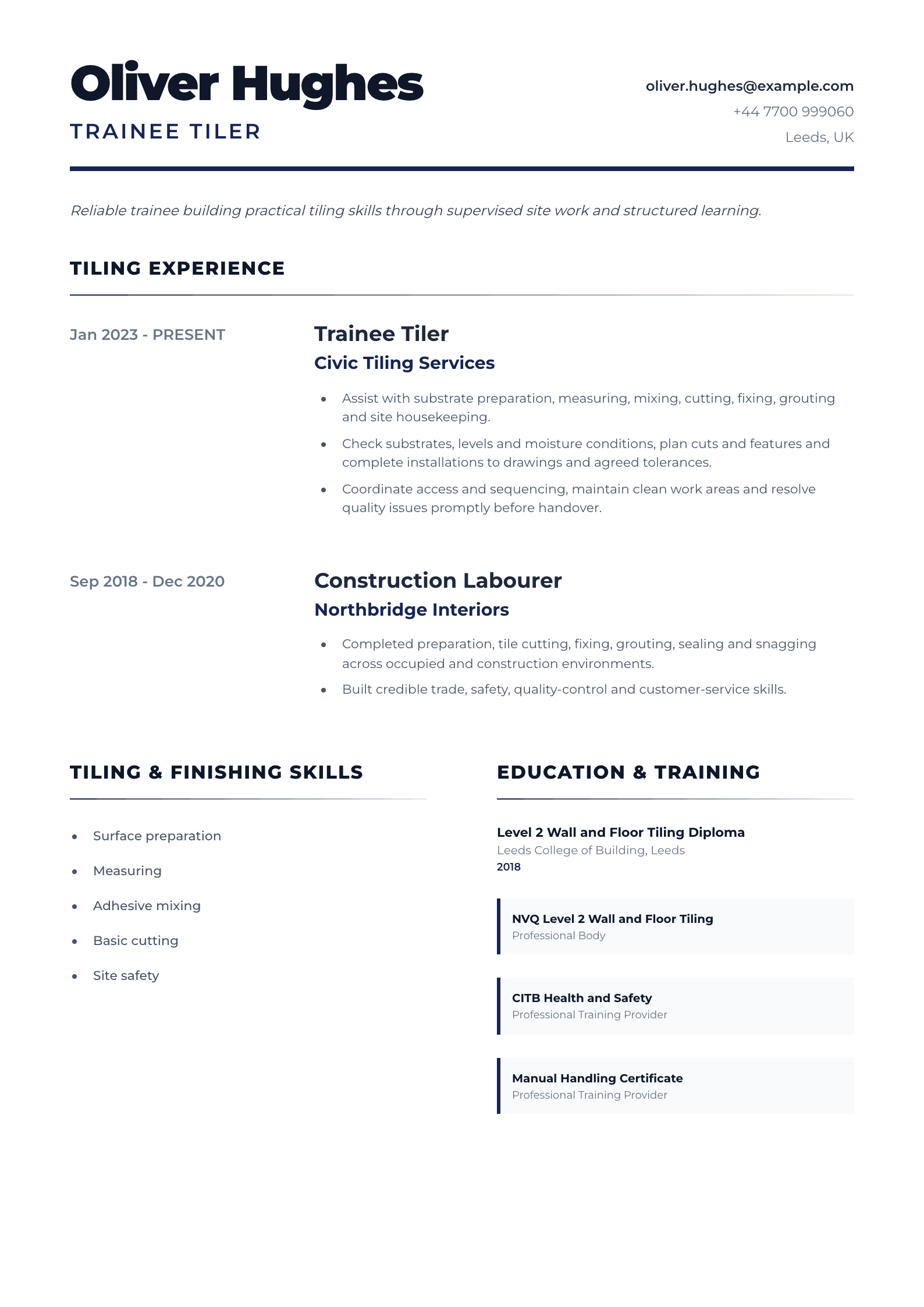 Trainee Tiler CV template