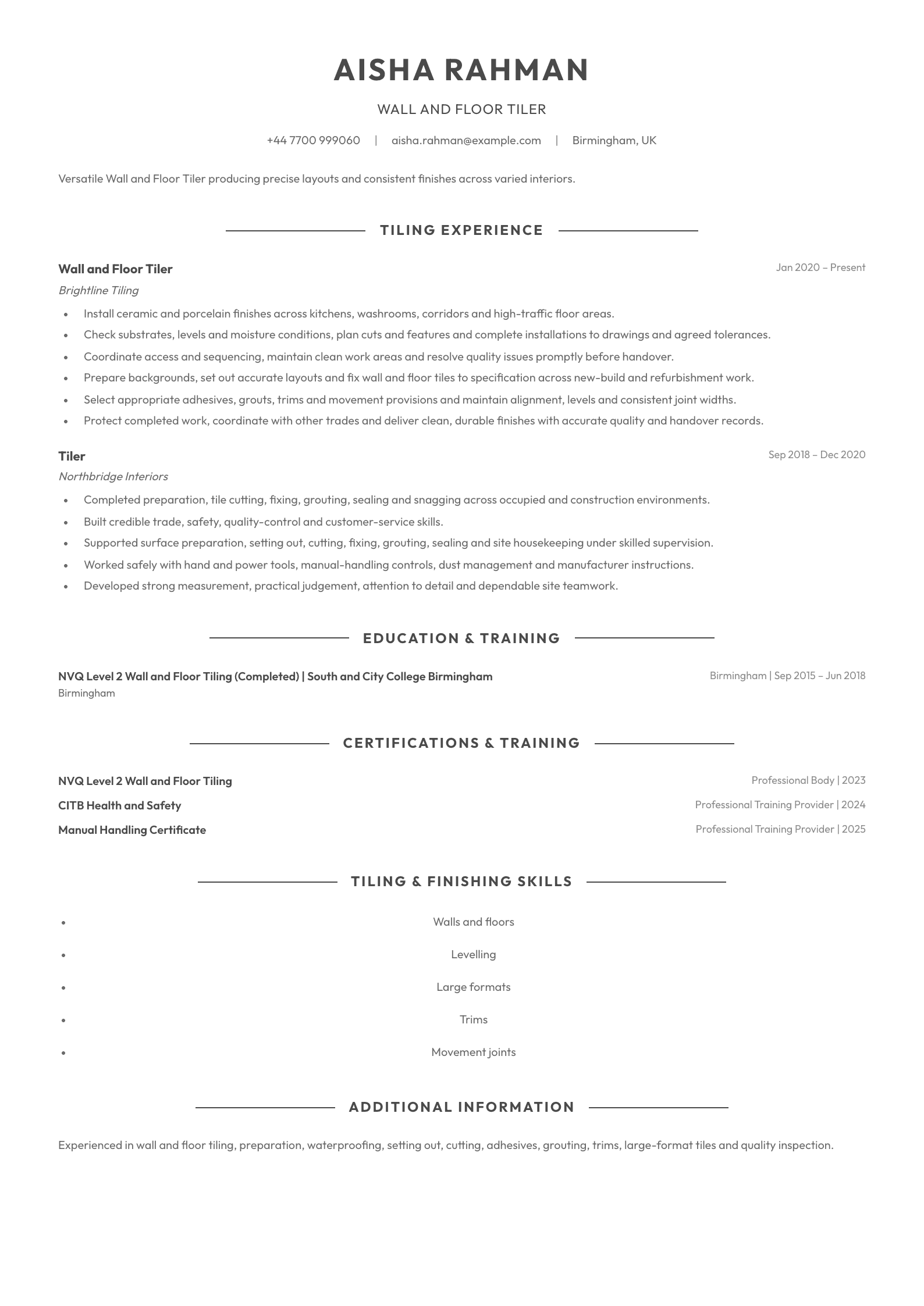 Wall and Floor Tiler CV template