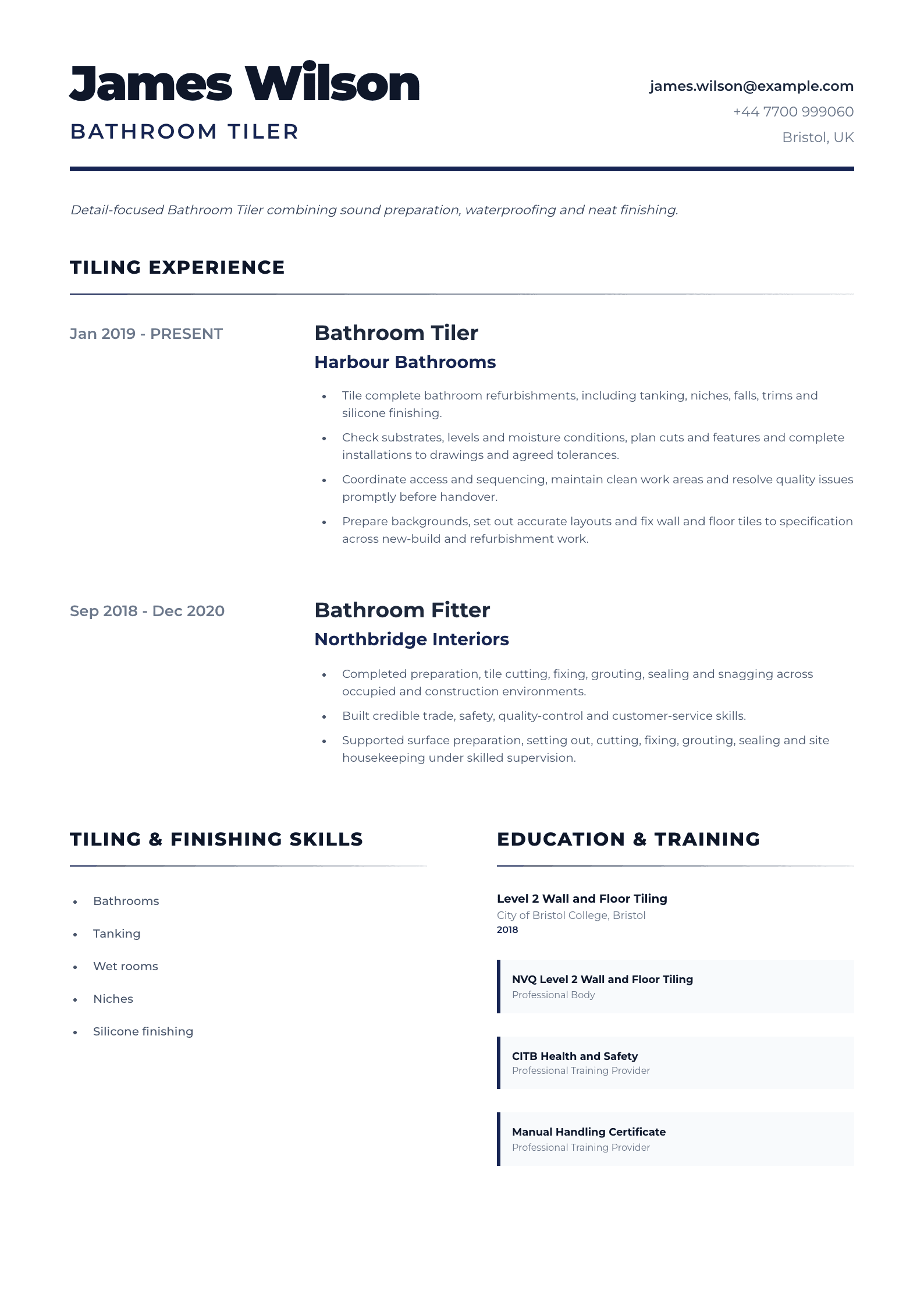 Bathroom Tiler CV template