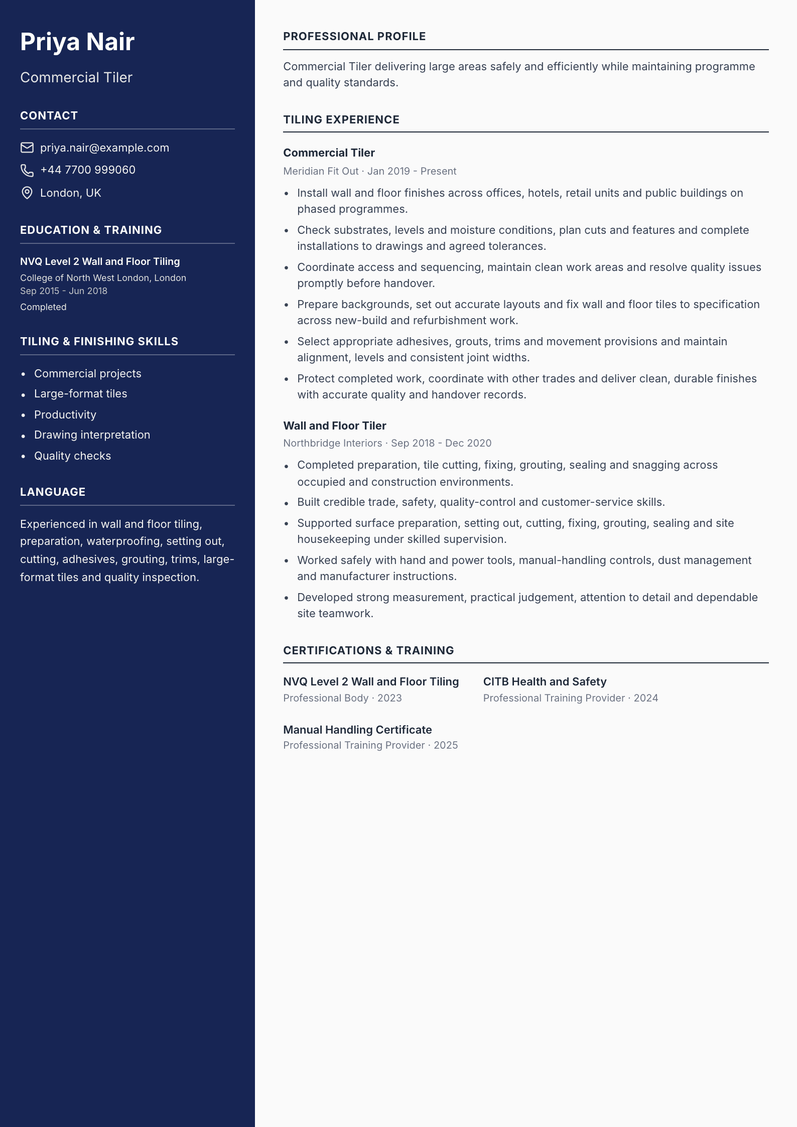 Commercial Tiler CV template