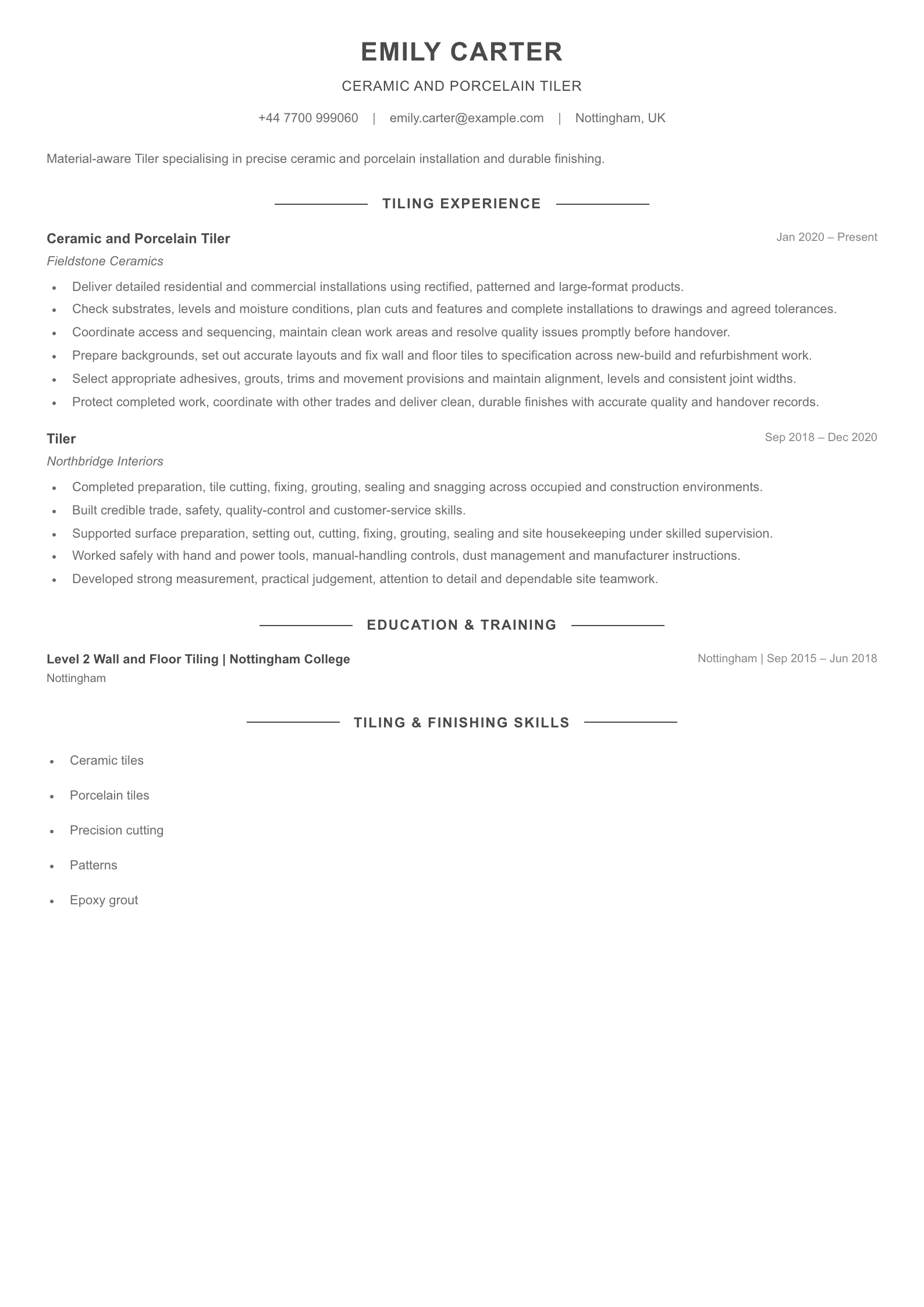 Ceramic and Porcelain Tiler CV template