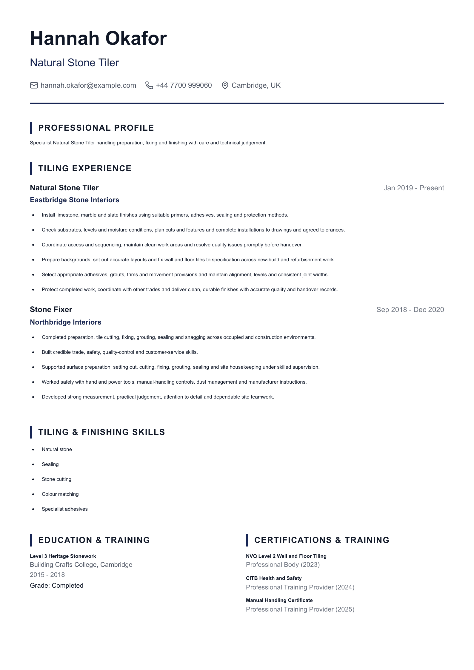 Natural Stone Tiler CV template