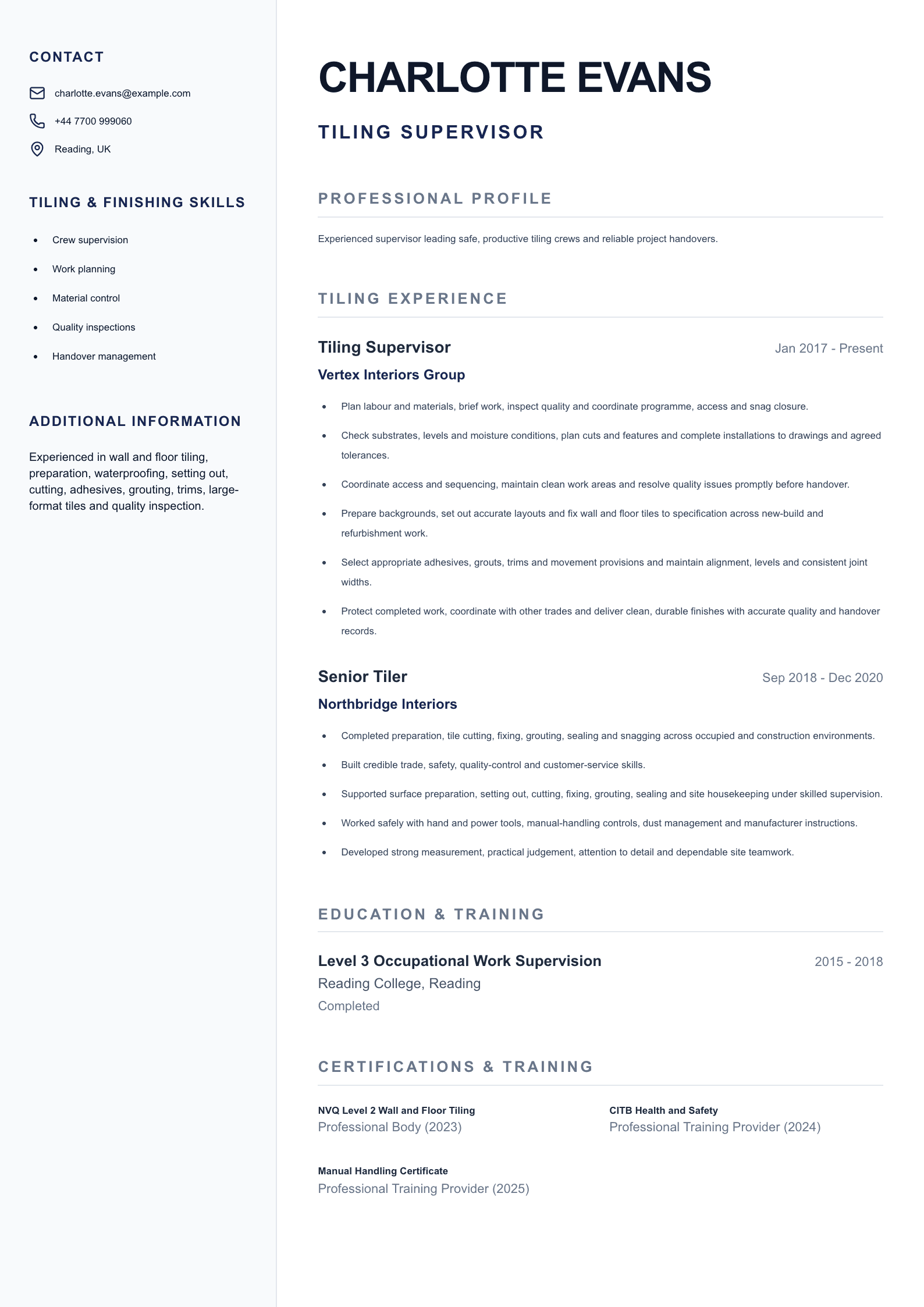 Tiling Supervisor CV template