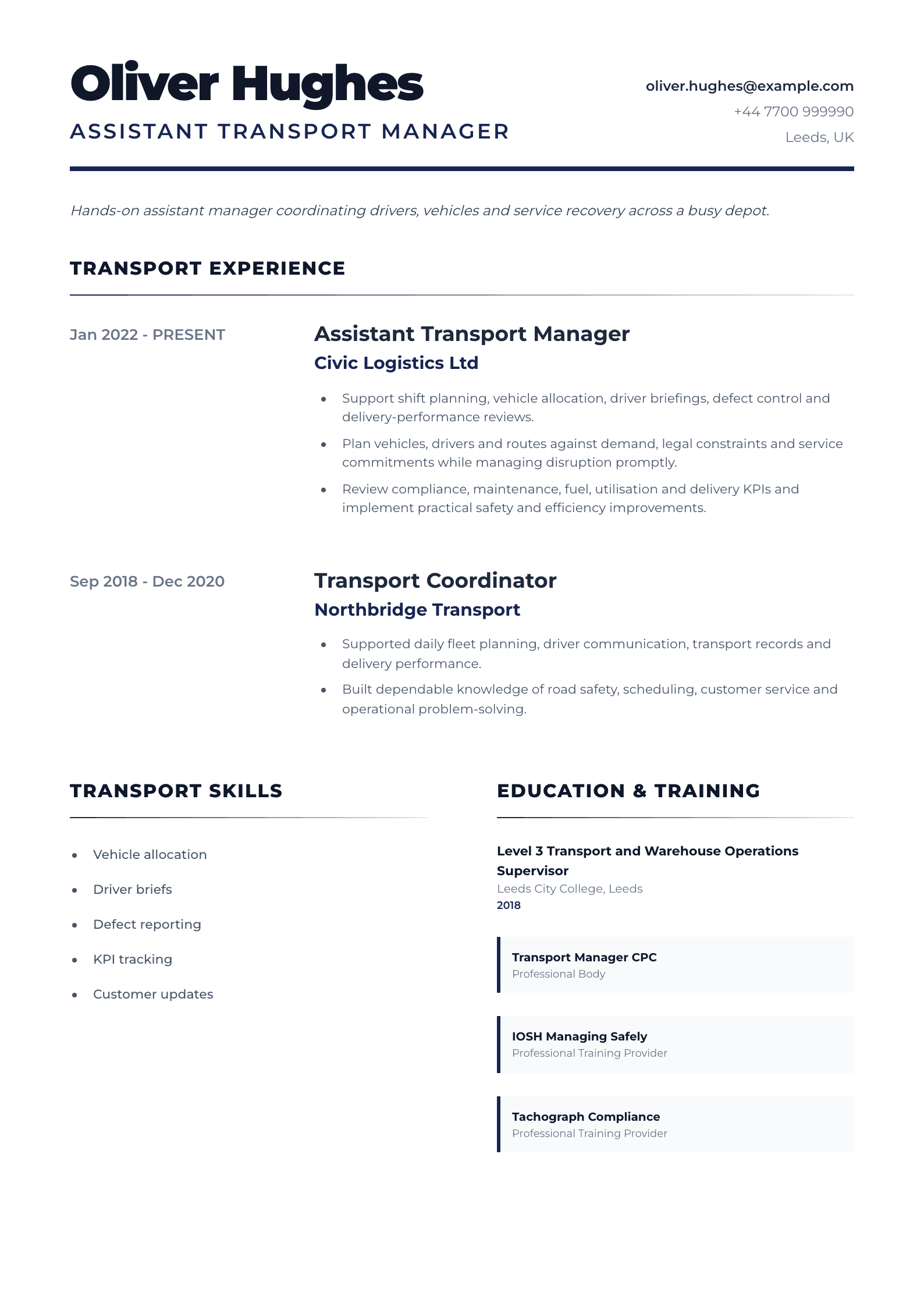 Assistant Transport Manager CV template