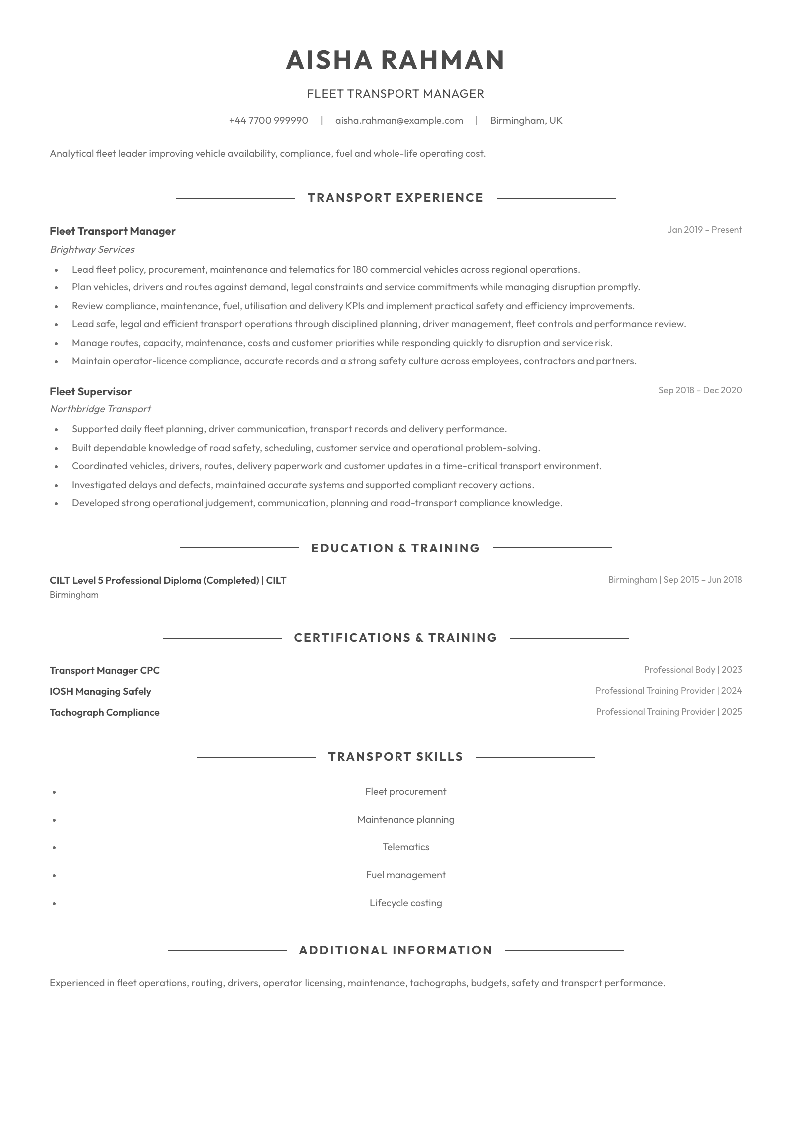 Fleet Transport Manager CV template