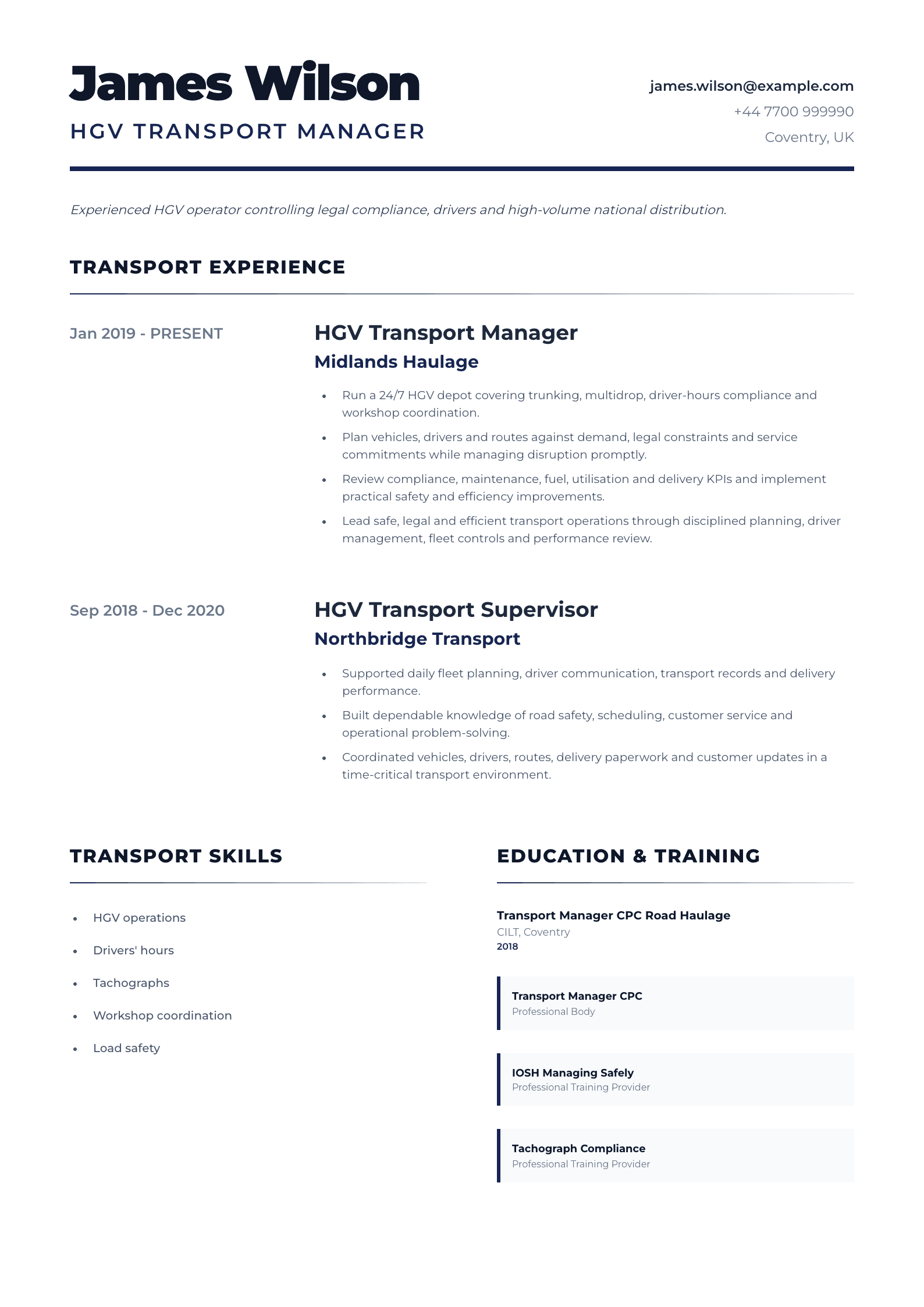 HGV Transport Manager CV template