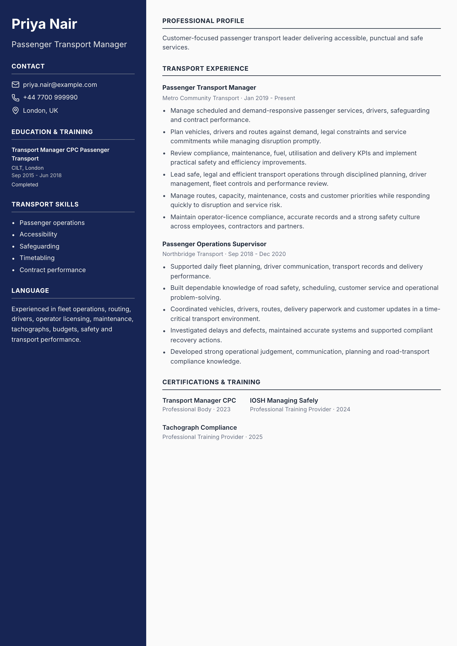 Passenger Transport Manager CV template