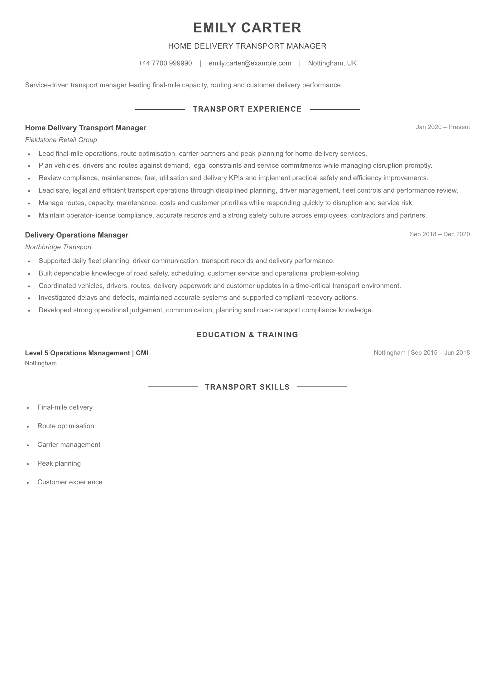 Home Delivery Transport Manager CV template