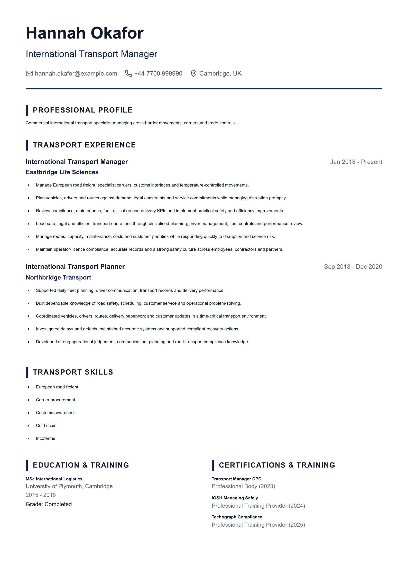 International Transport Manager CV template