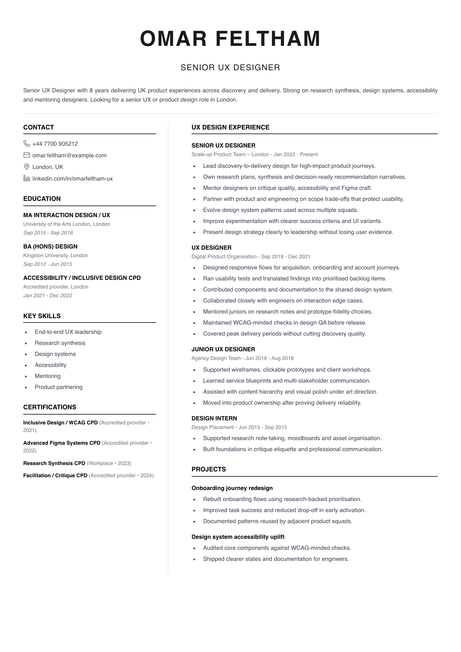 senior UX designer CV template