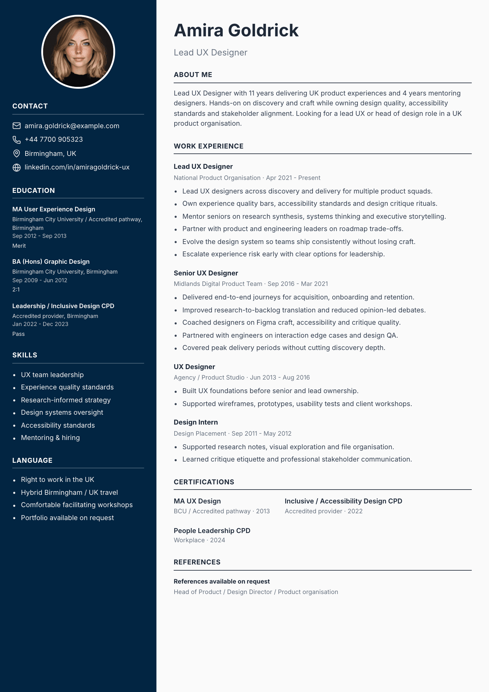 Lead UX designer CV template