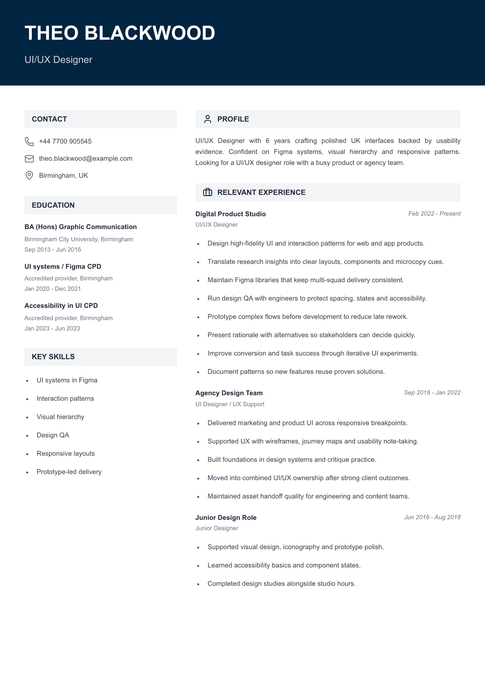 UI/UX designer CV template