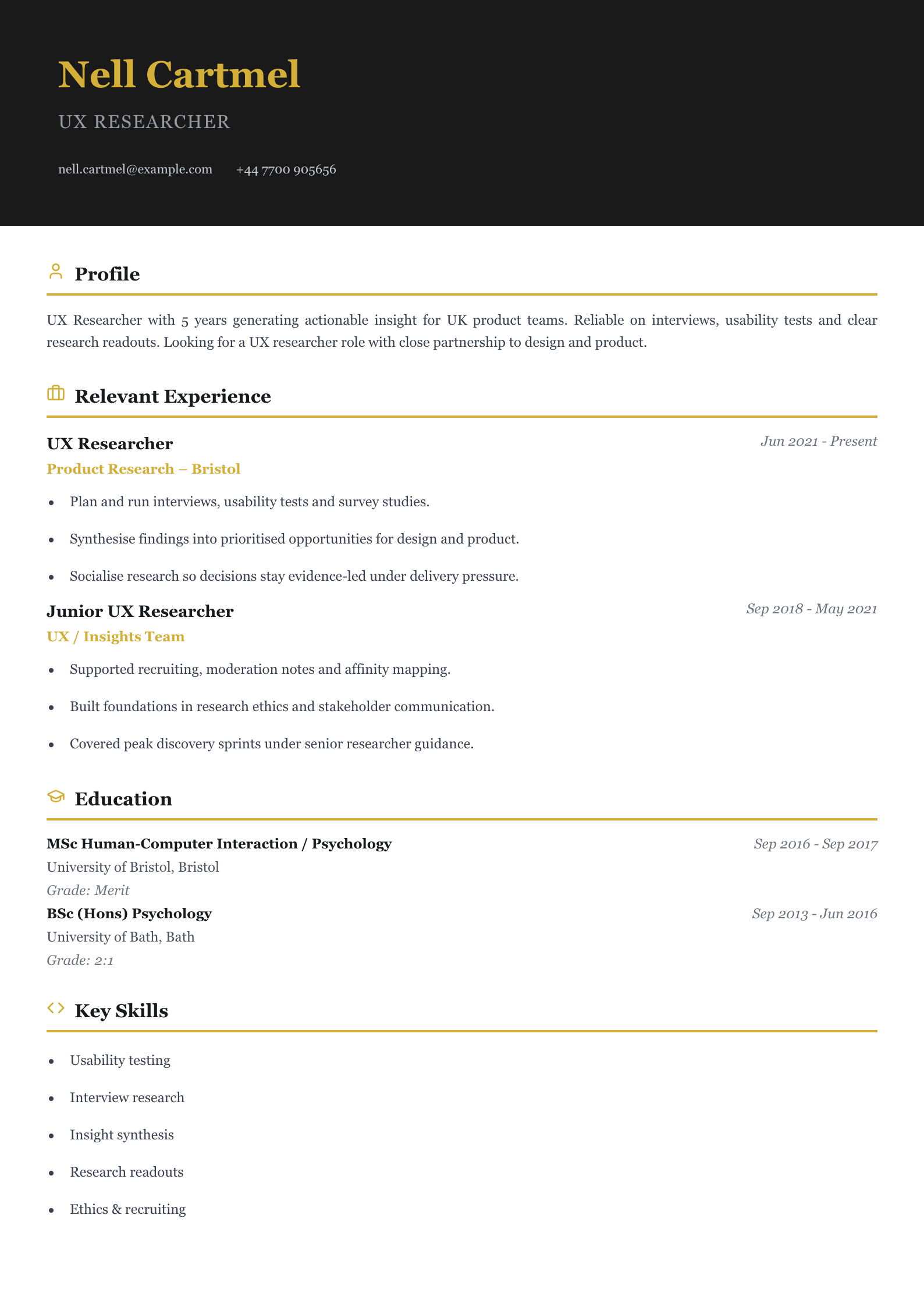 UX researcher CV template