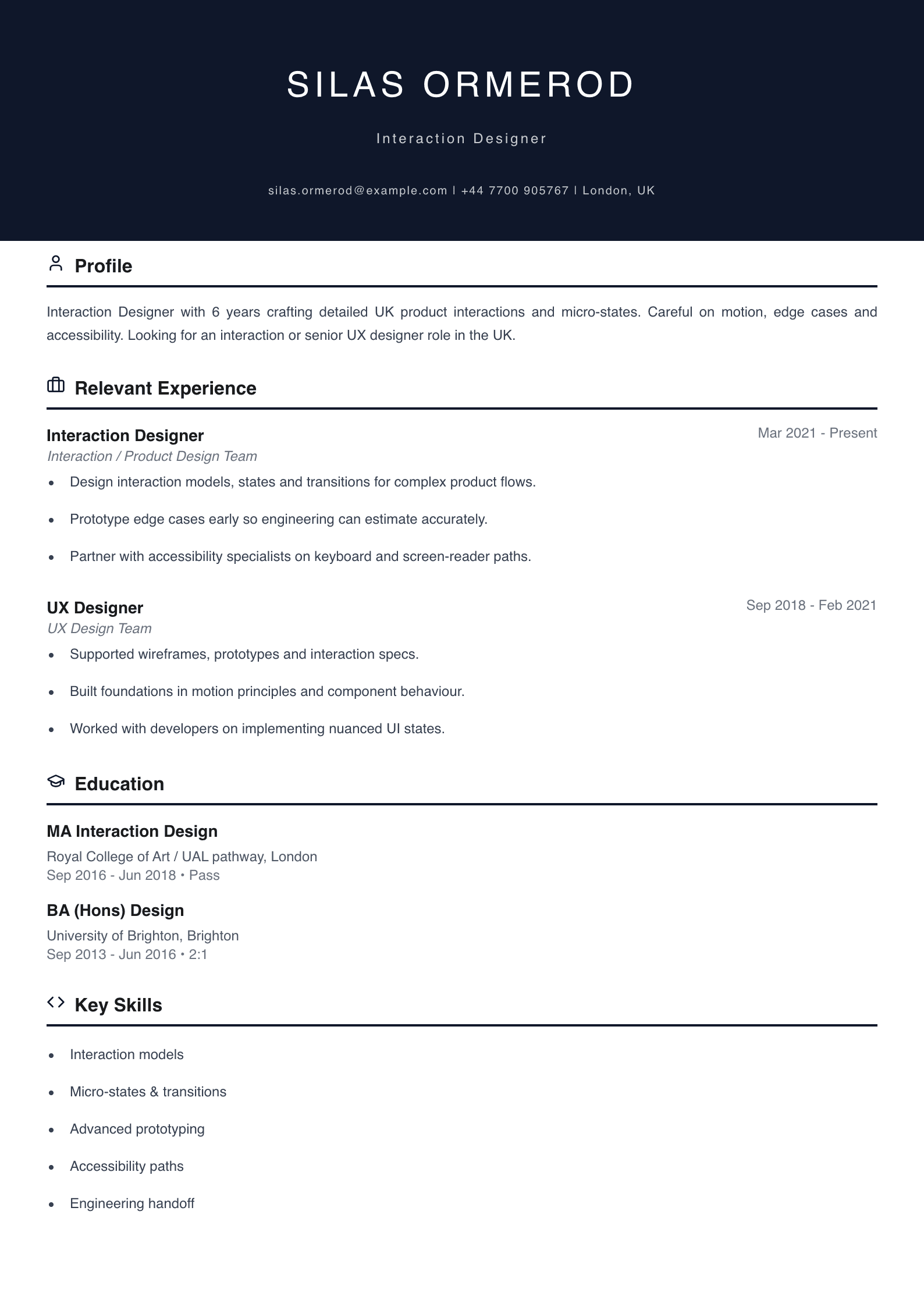 interaction designer CV template