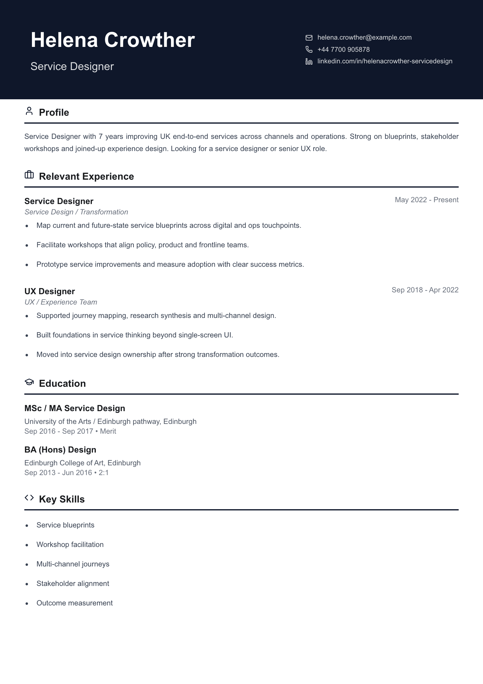 service designer CV template