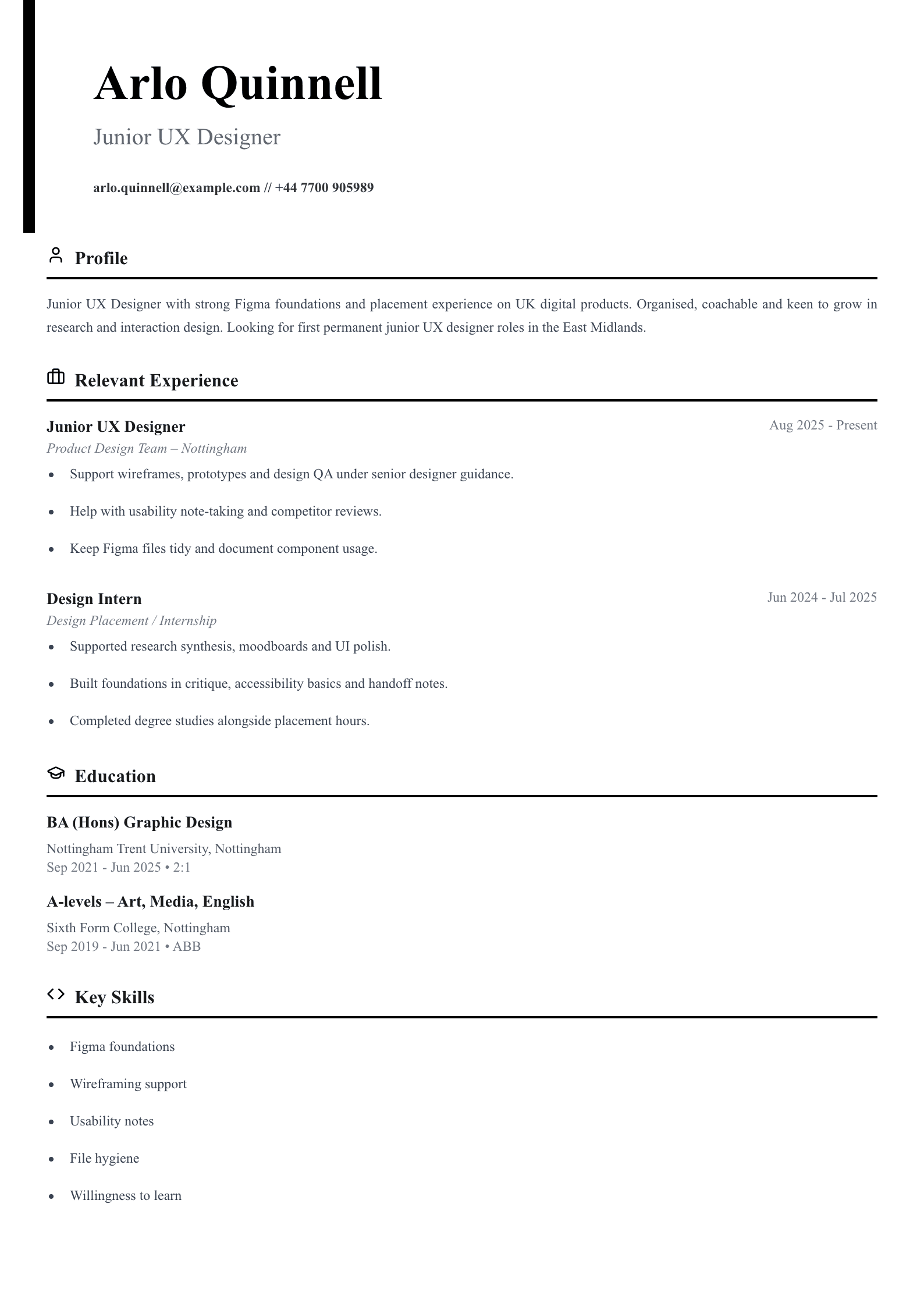 junior UX designer CV template