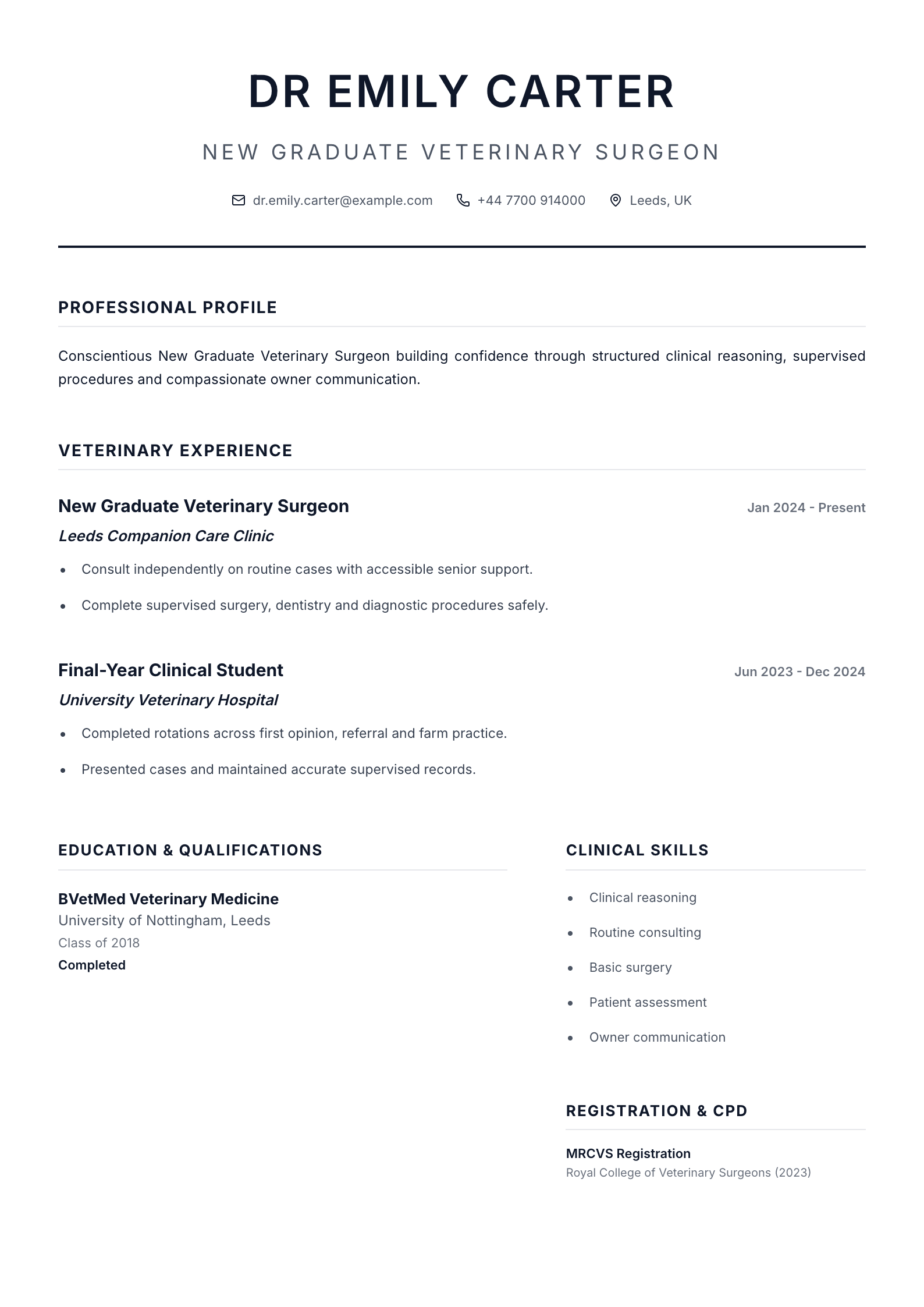 New Graduate Veterinary Surgeon CV template