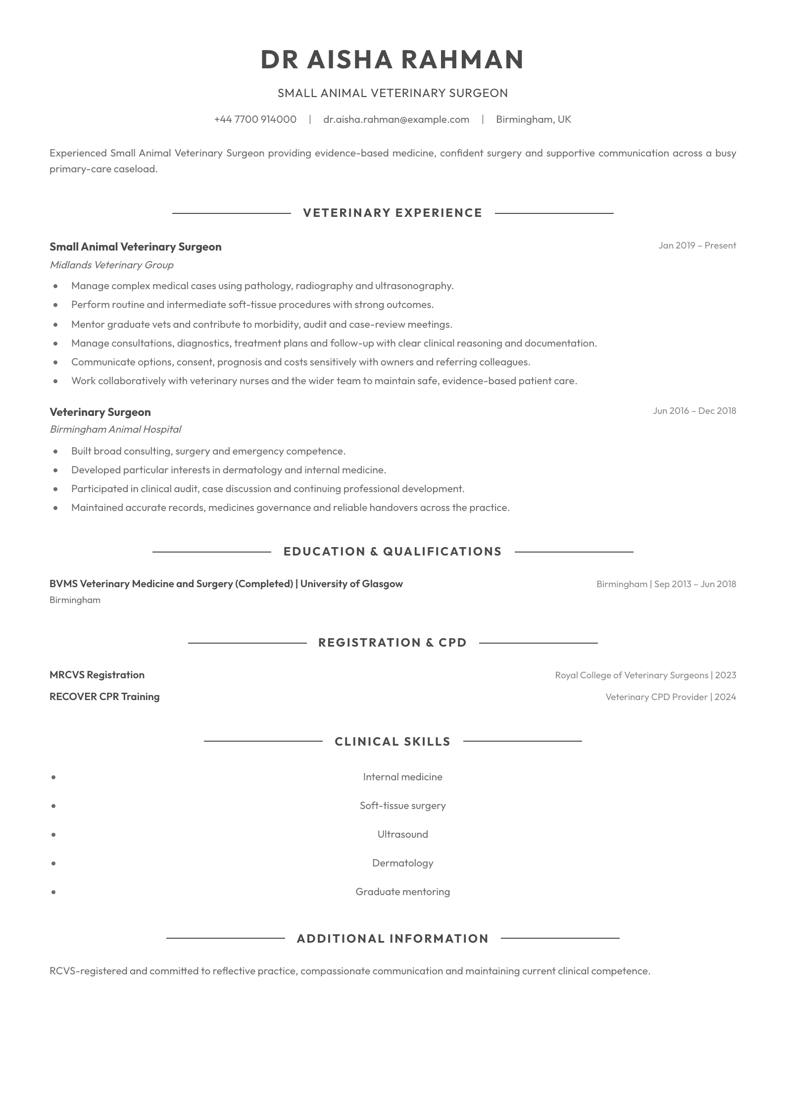Small Animal Veterinary Surgeon CV template