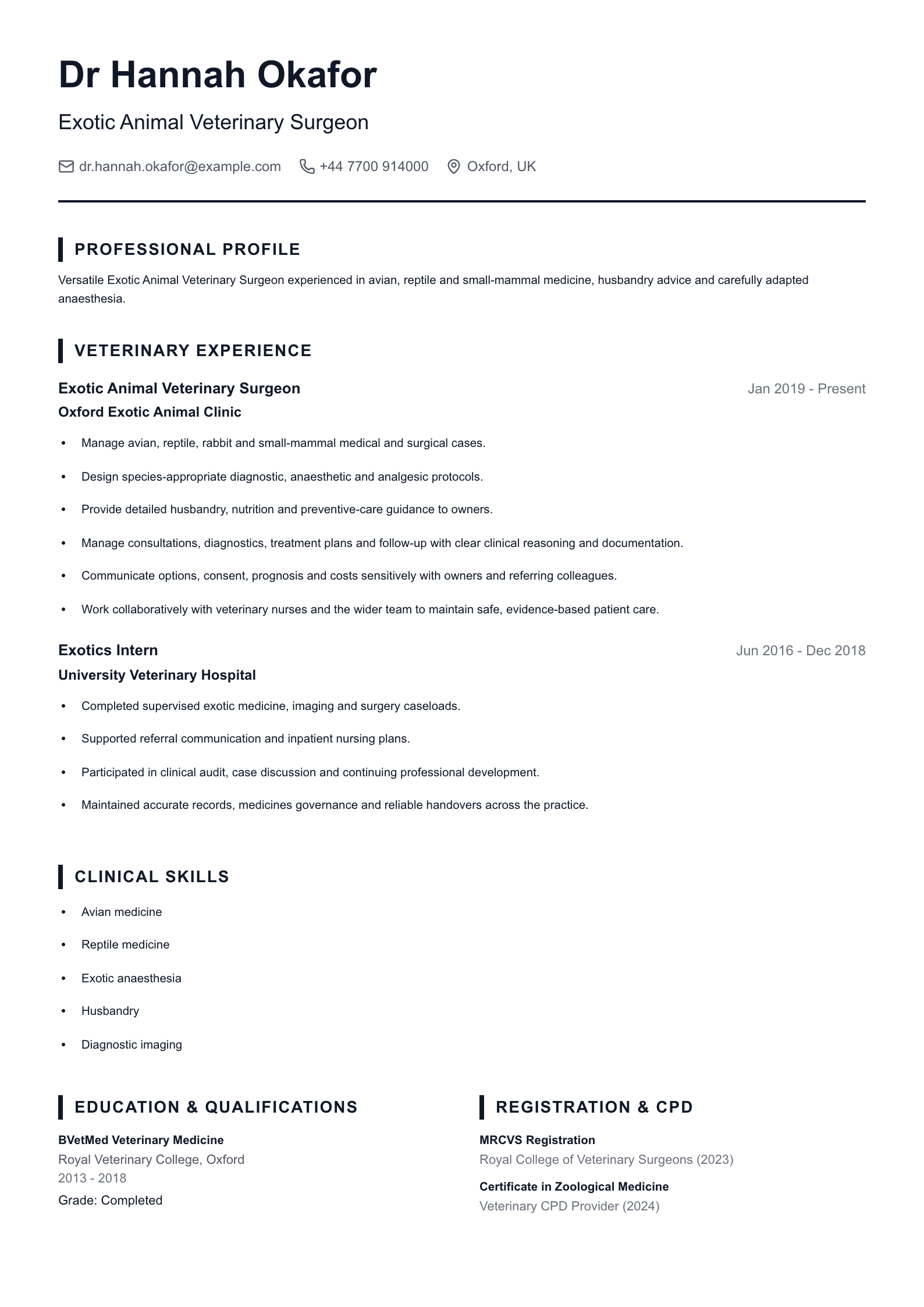 Exotic Animal Veterinary Surgeon CV template