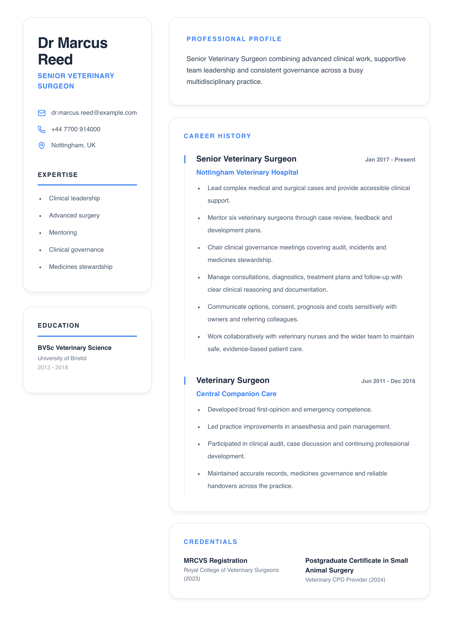 Senior Veterinary Surgeon CV template