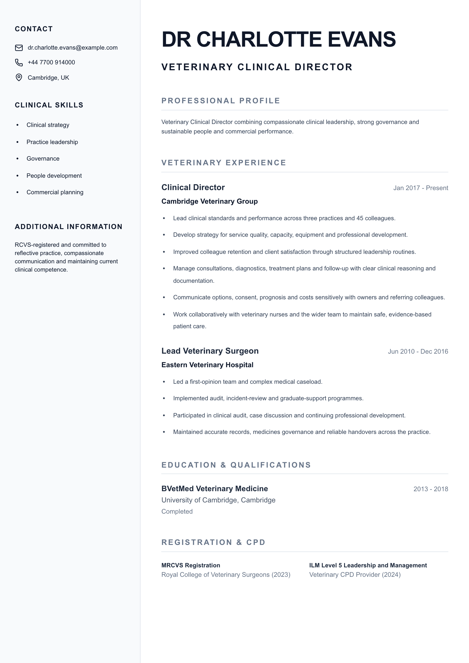 Veterinary Clinical Director CV template