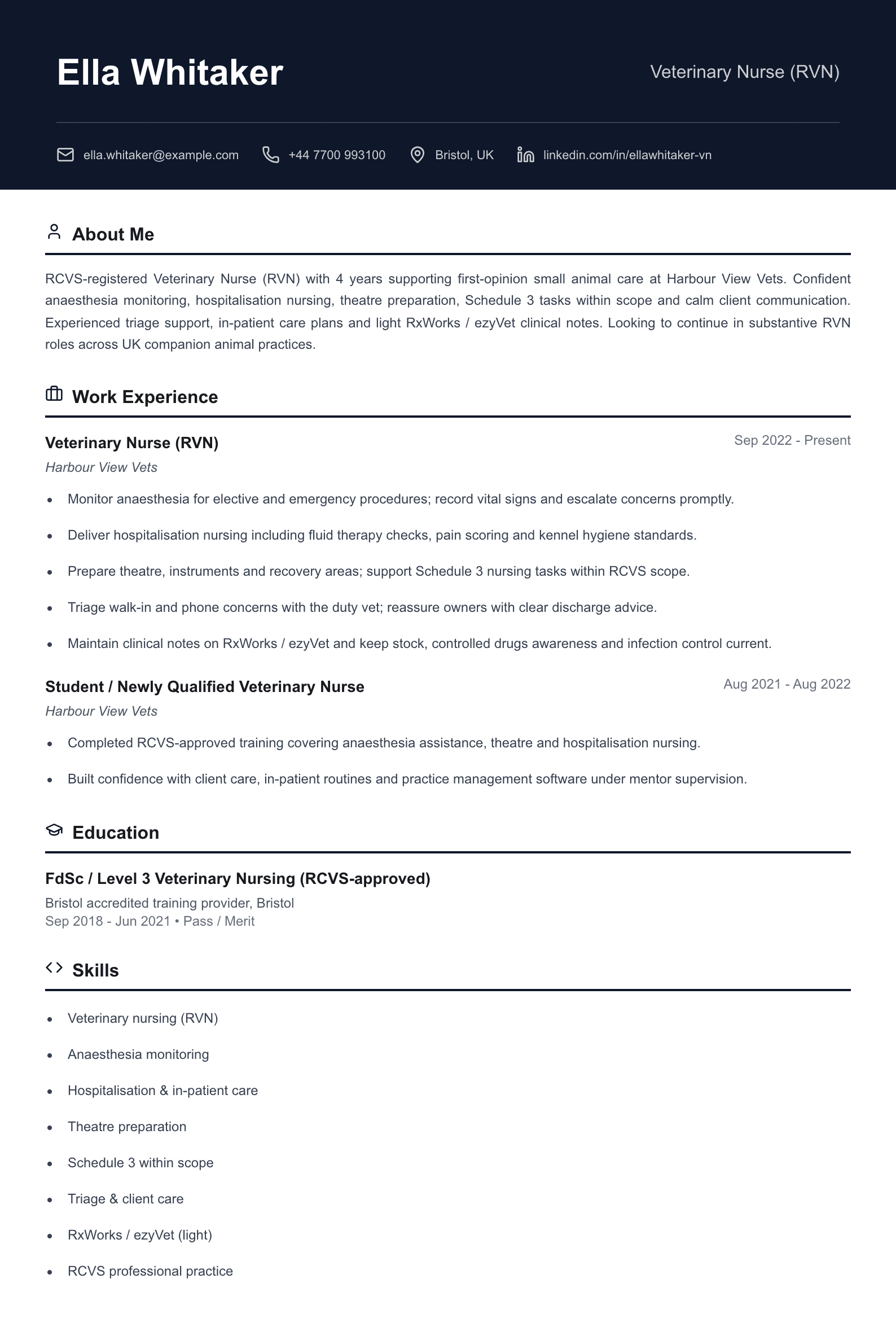 veterinary nurse cv template