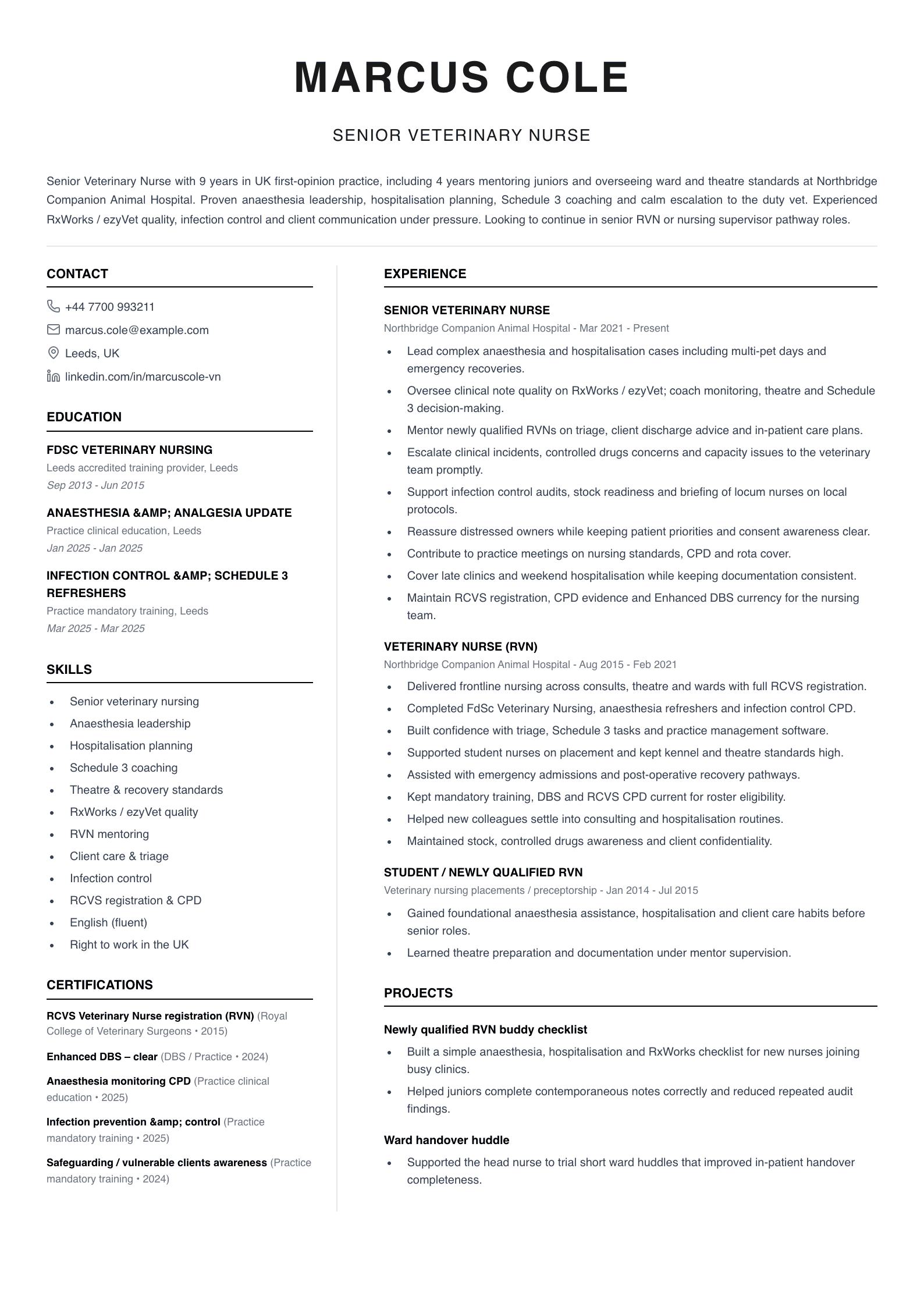 senior veterinary nurse cv template