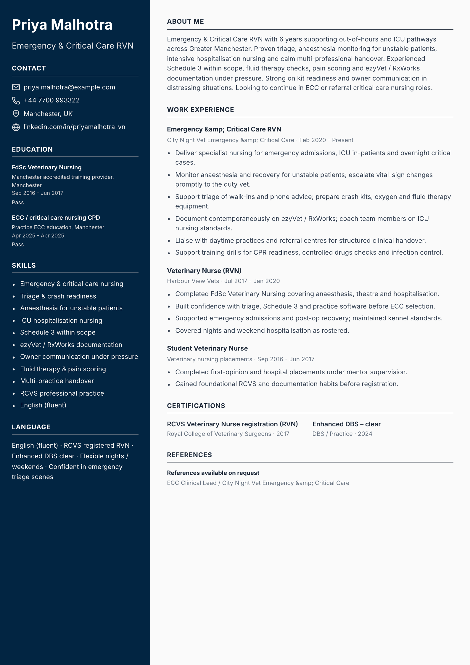 emergency critical care veterinary nurse cv template