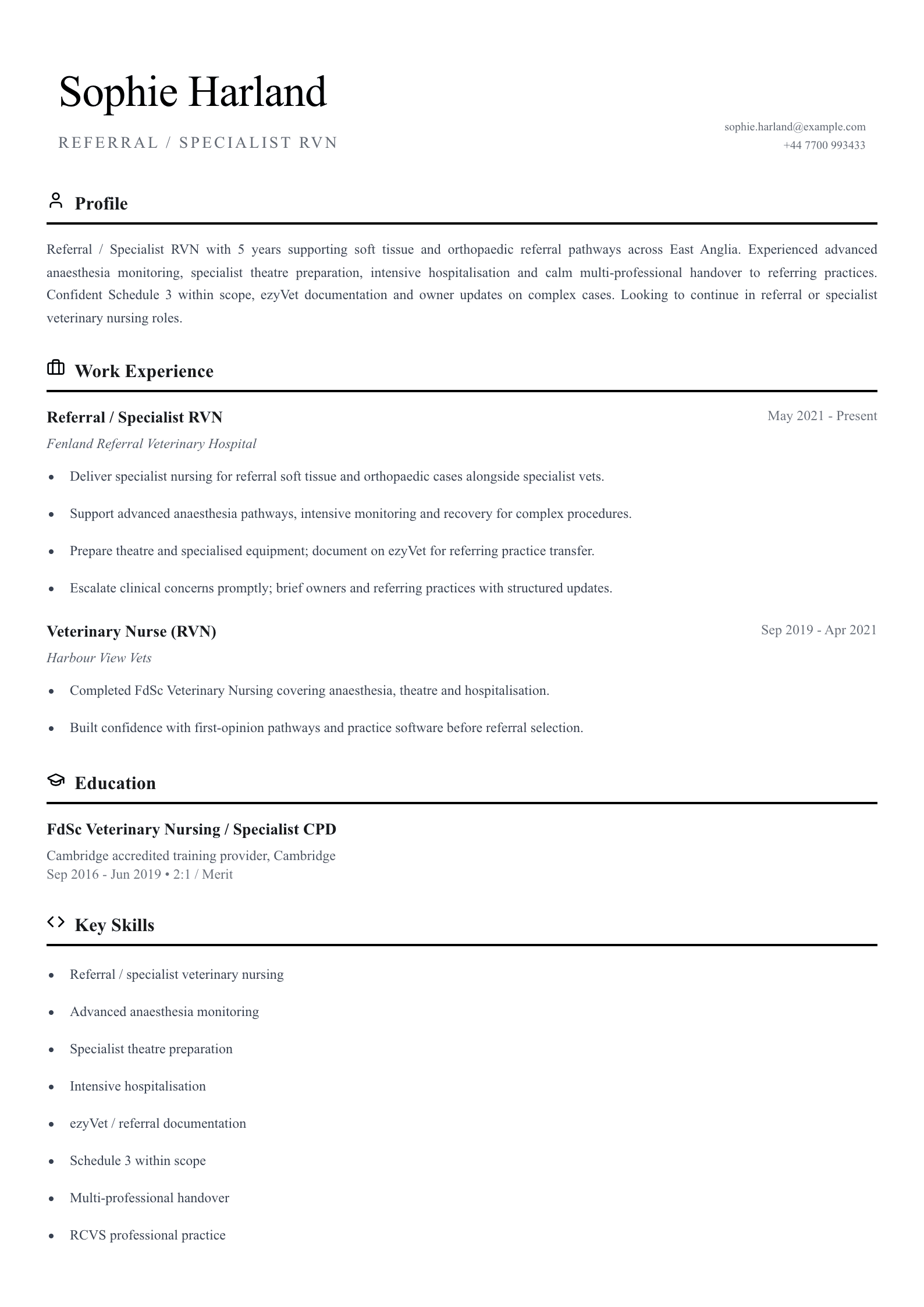 referral specialist veterinary nurse cv template