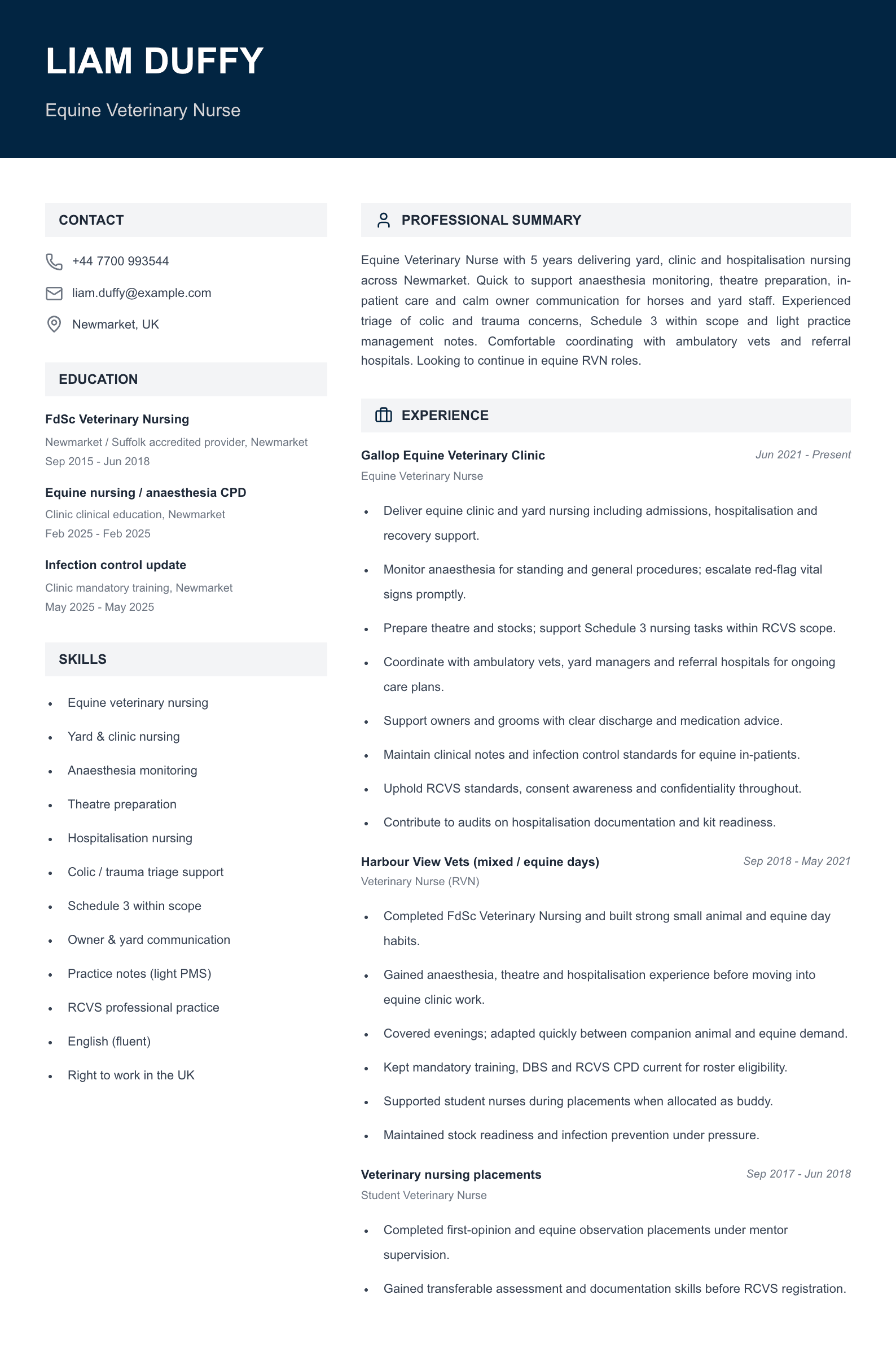 equine veterinary nurse cv template