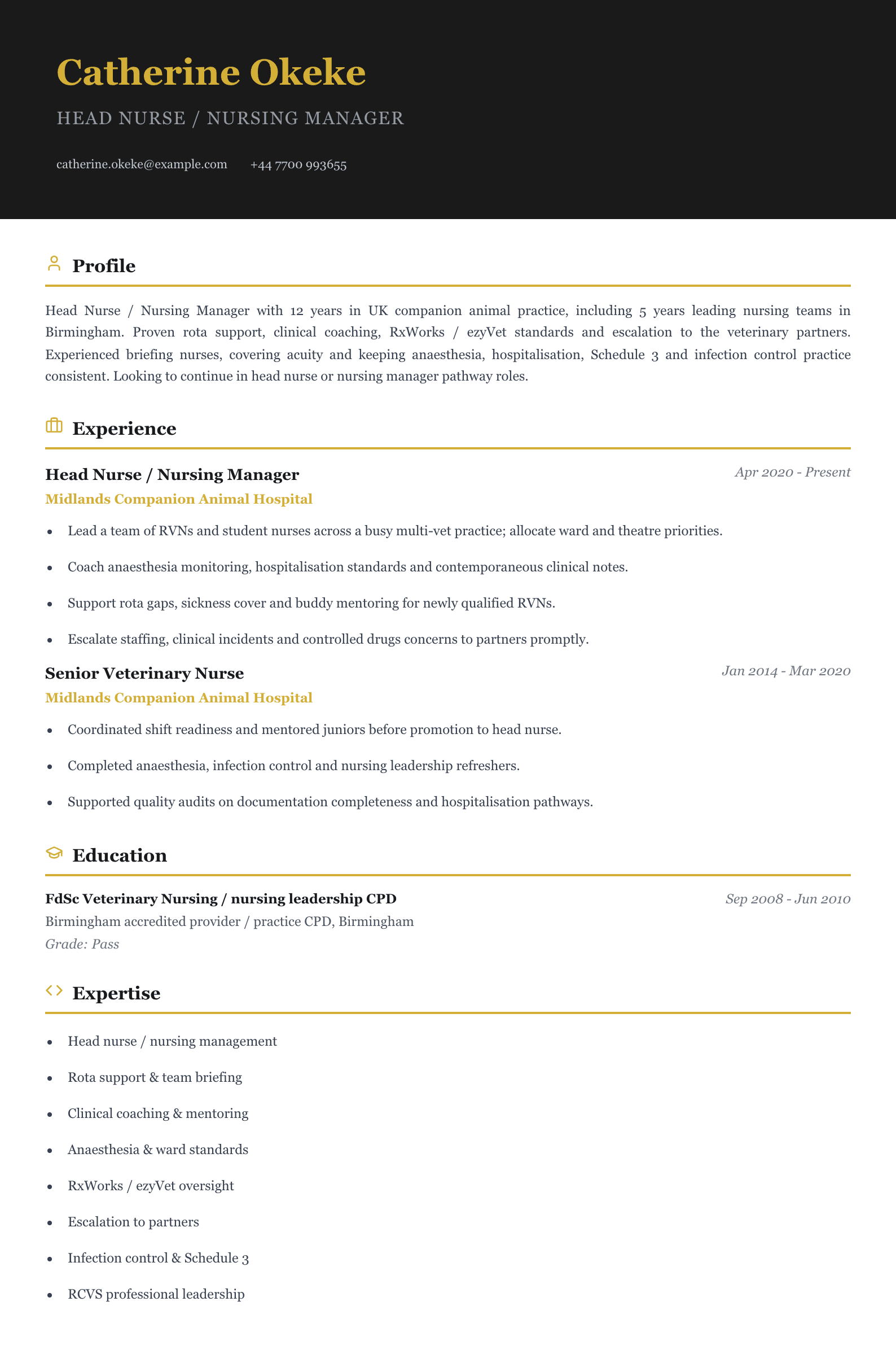 head nurse nursing manager cv template