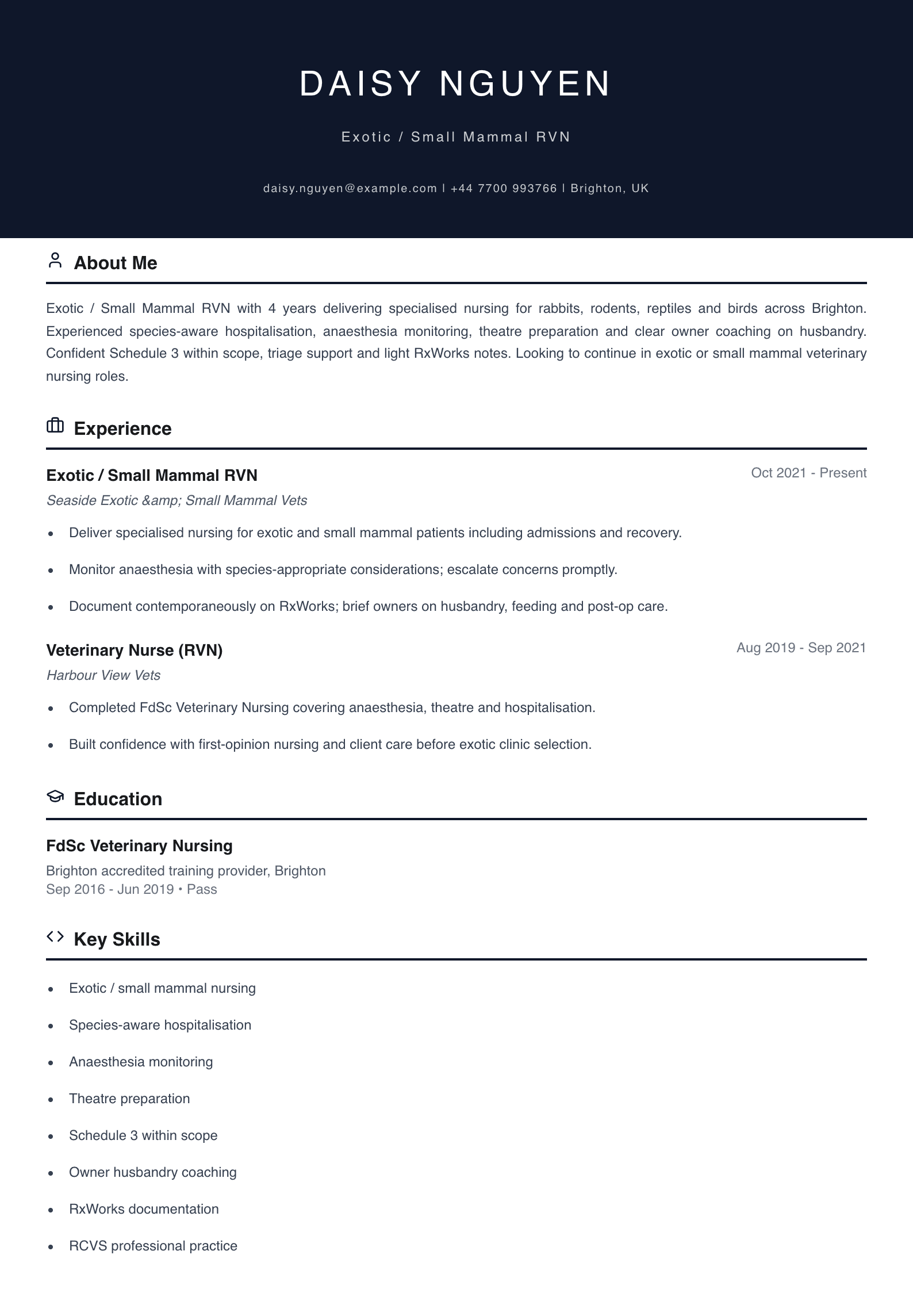 exotic small mammal veterinary nurse cv template