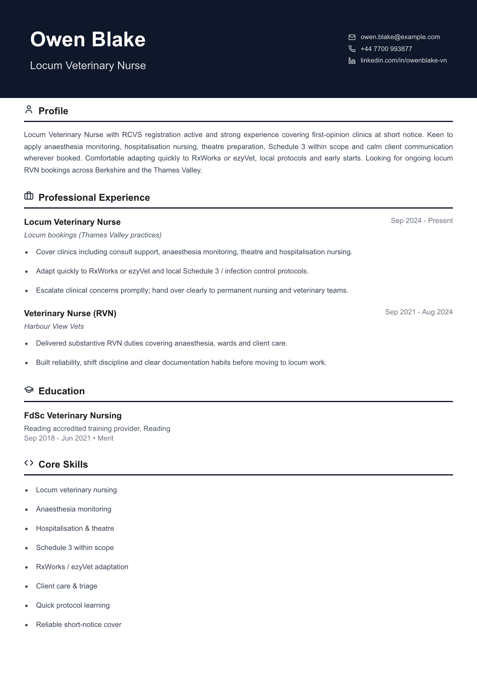 locum veterinary nurse cv template