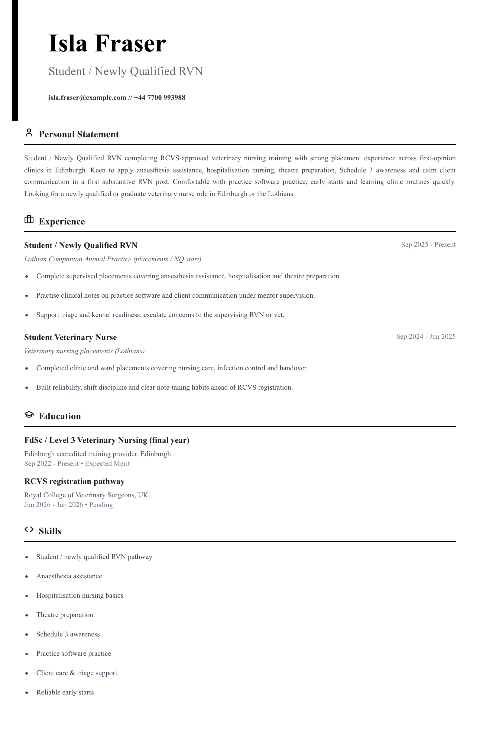 student newly qualified veterinary nurse cv template