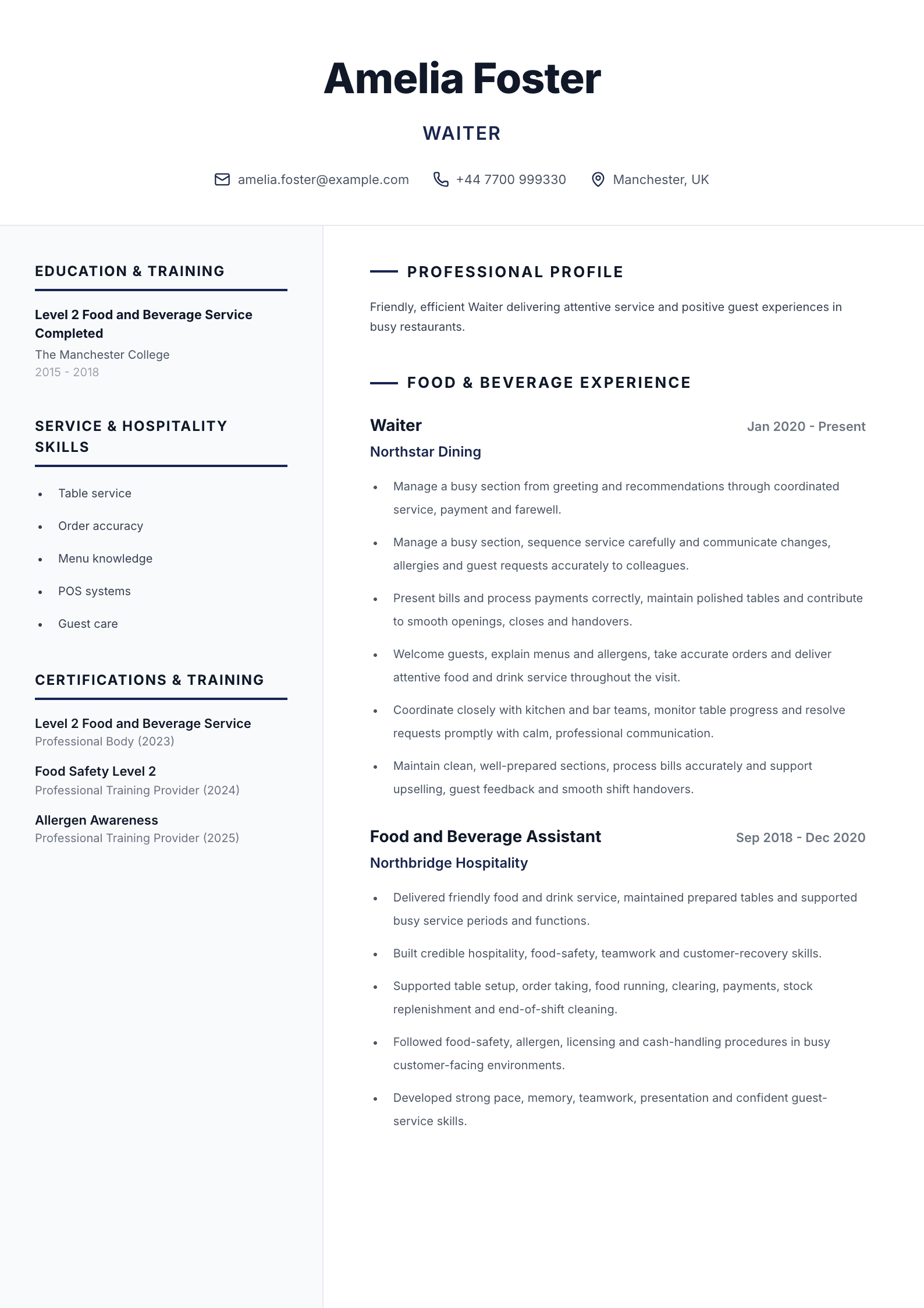 Waiter CV