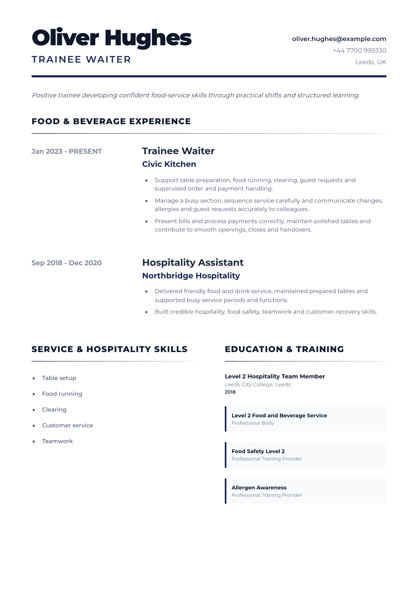 Trainee Waiter CV template