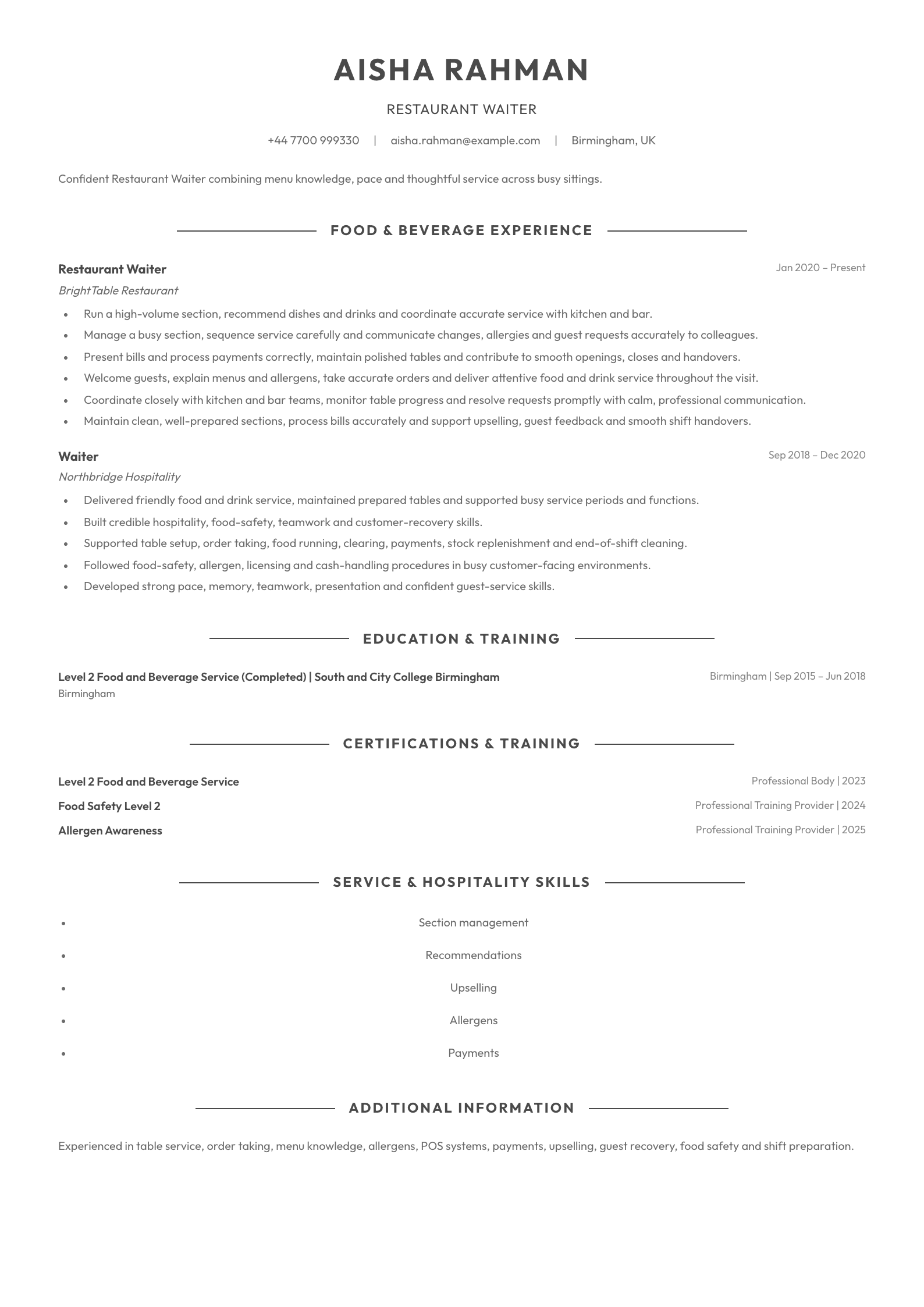 Restaurant Waiter CV template