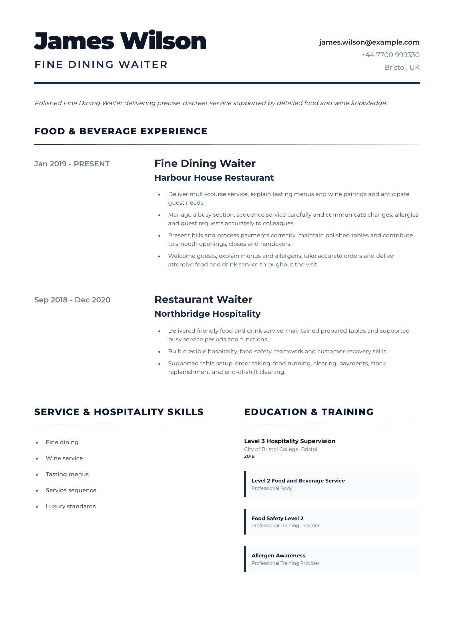 Fine Dining Waiter CV template