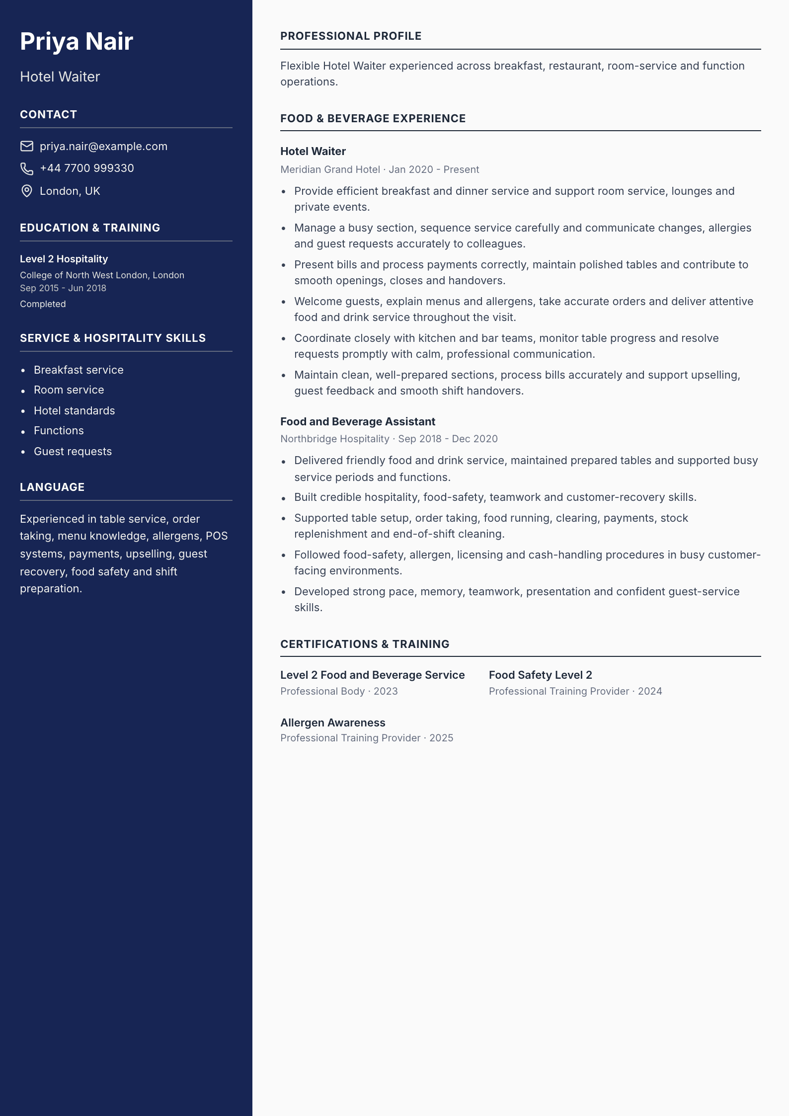 Hotel Waiter CV template