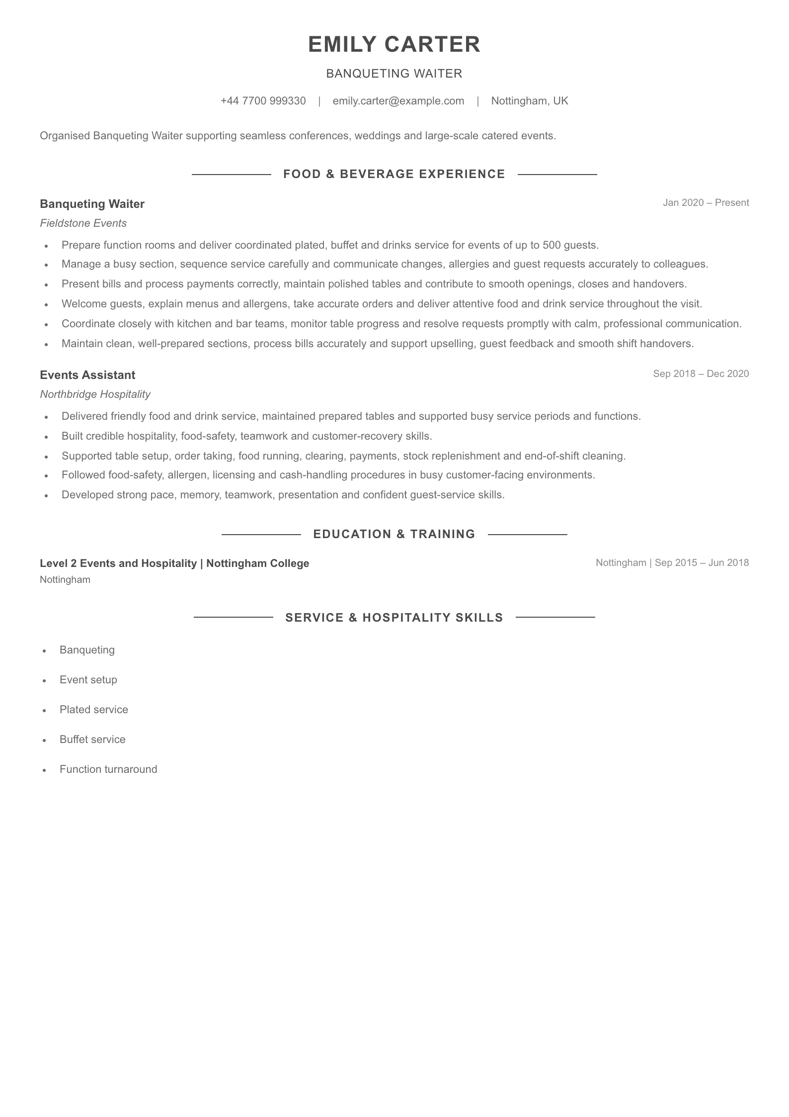 Banqueting Waiter CV template