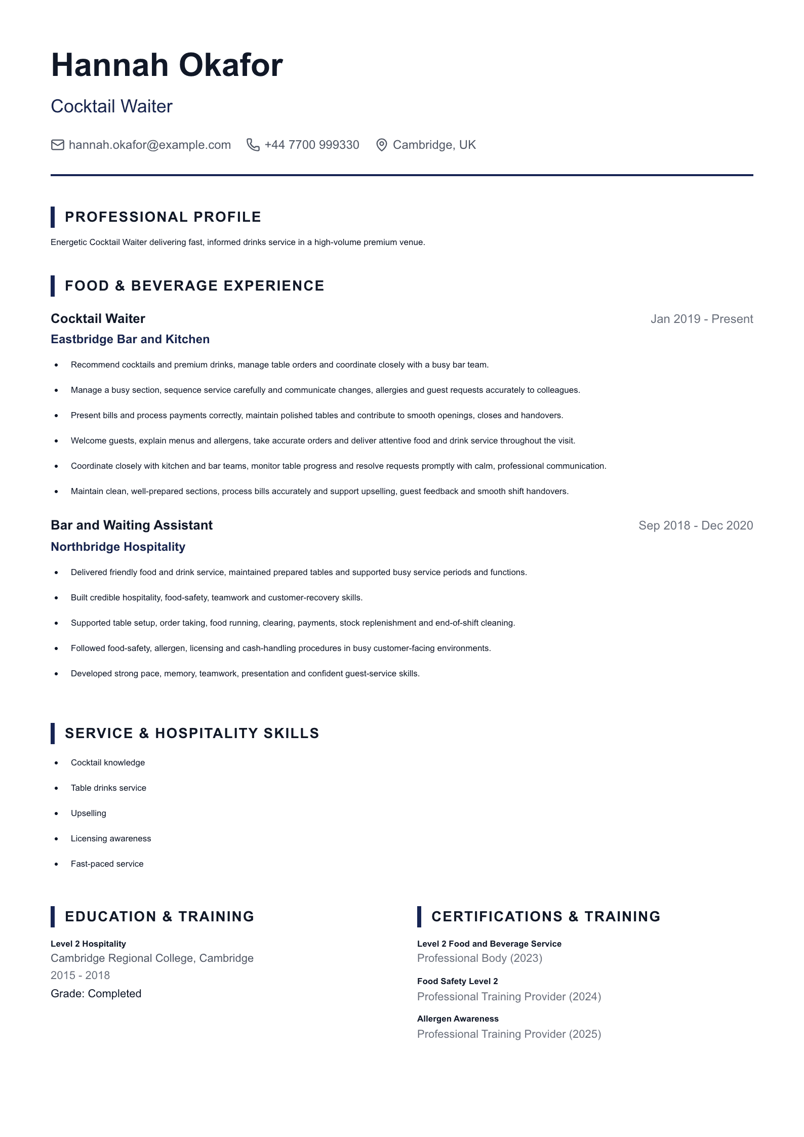Cocktail Waiter CV template